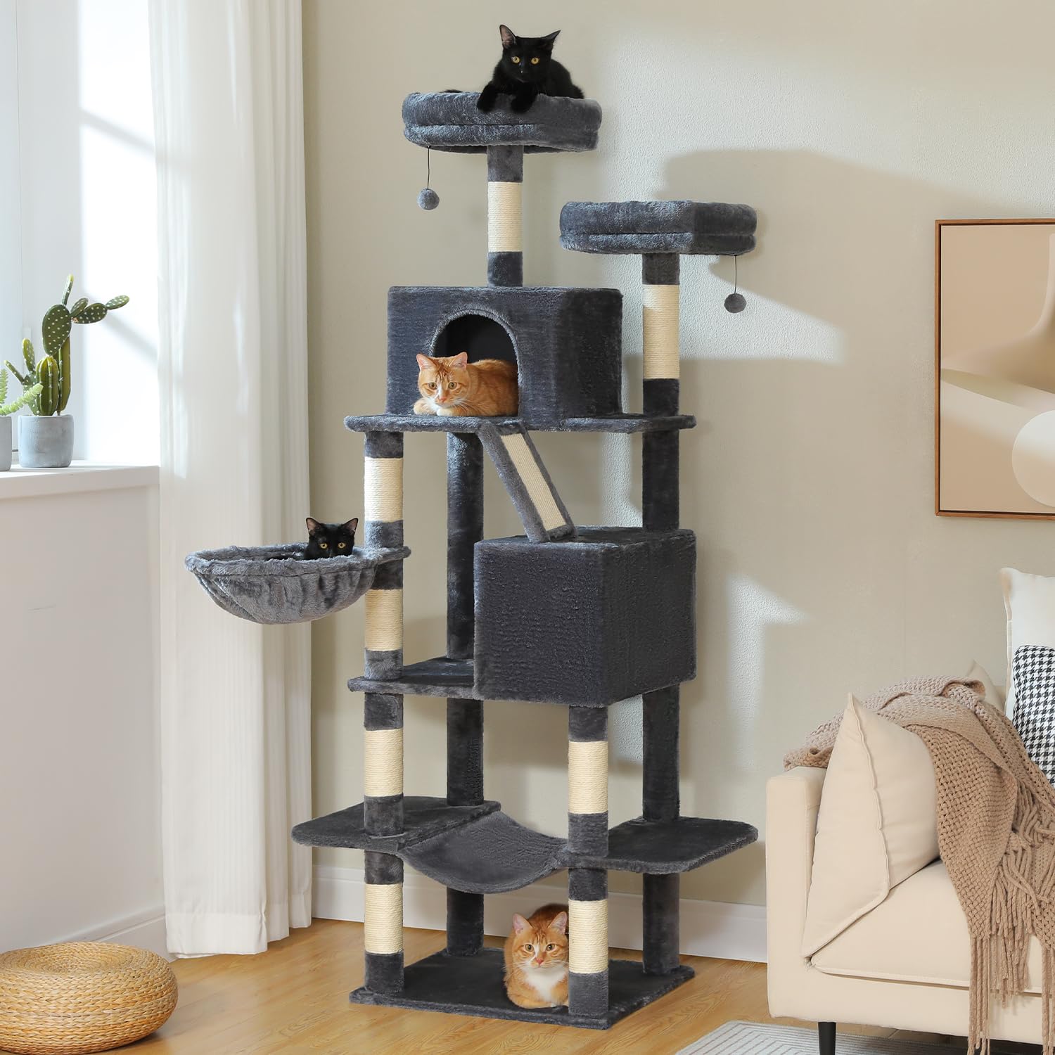 Flower cat tree with large metal frame hammock, 35 inch cute cat tower, with sisal grab post, suitable for small indoor cats