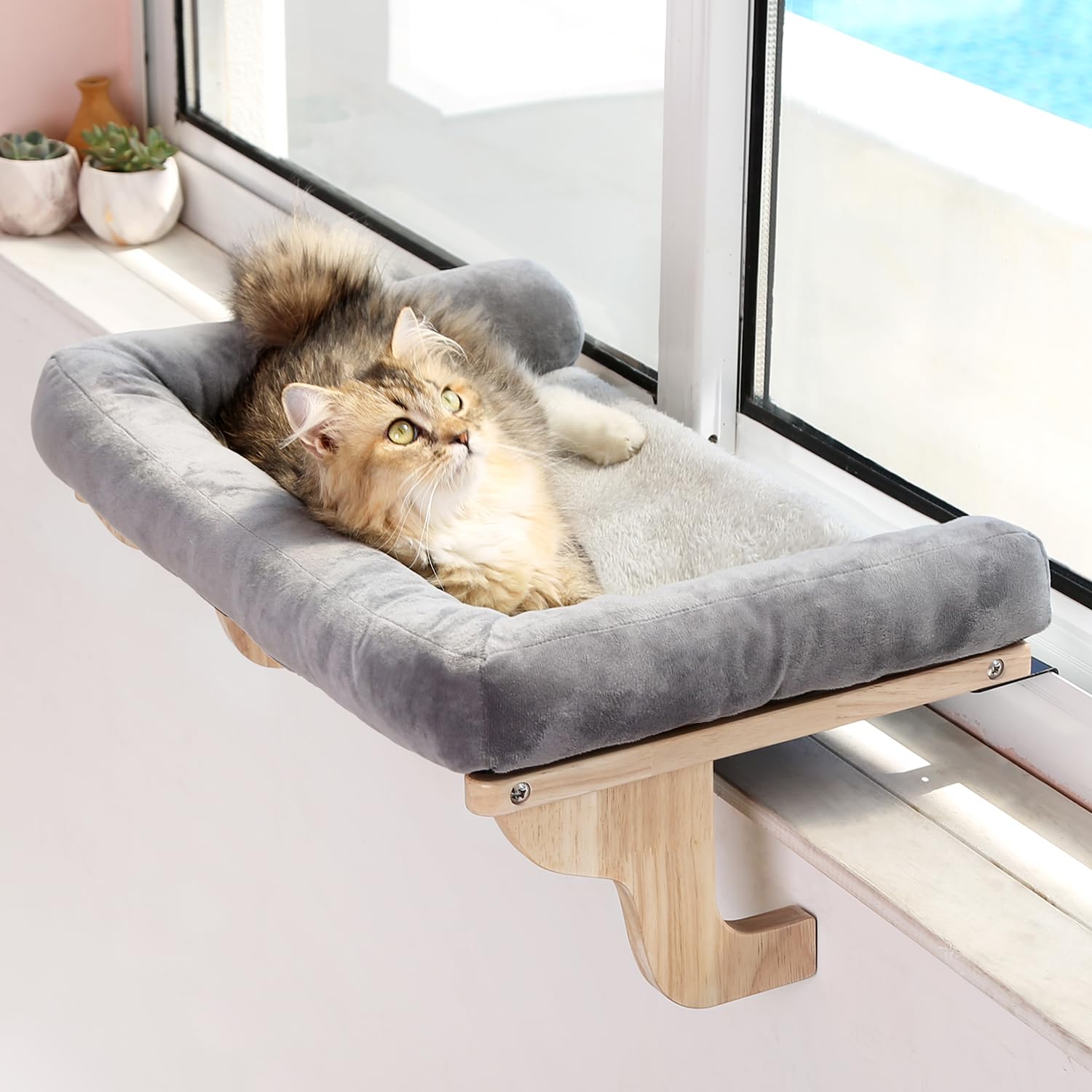 Cat pad, used for window sills with cushions - orthopedic hammock design, made of high-quality hardwood and sturdy metal frame - natural color wood gray bed