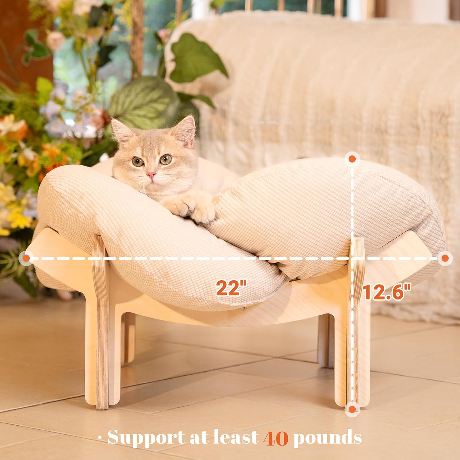Pet elevated cat bed wooden cushion fluffy pet sofa indoor cat elevated cat leisure chair suitable for small dogs and cats furniture (white)