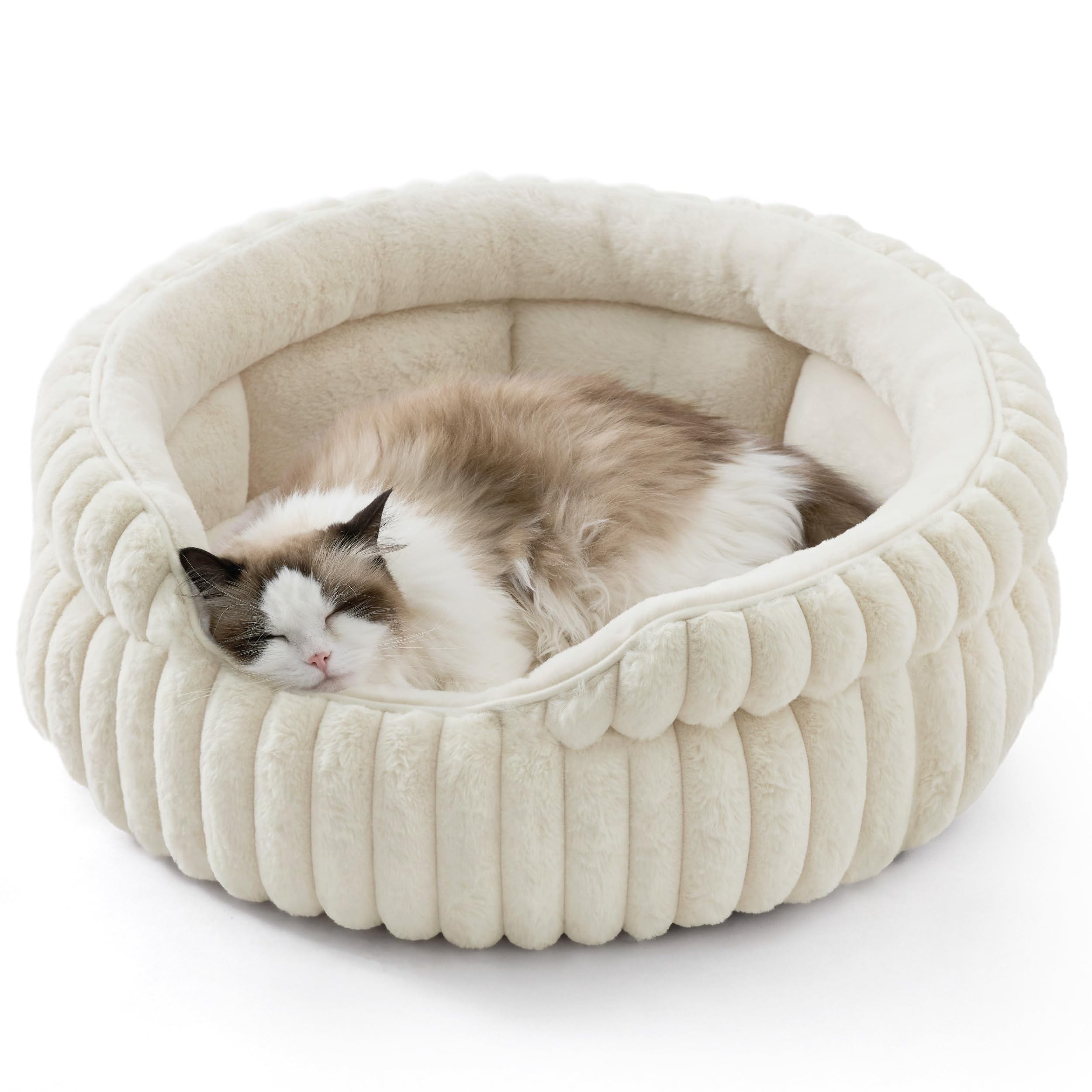 Cat bed, washable round cute pet bed, suitable for indoor cats, 20 inches x 20 inches x 8 inches, cream color