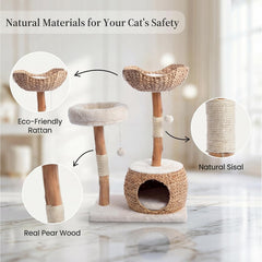 Modern cat tree tower with caves, solid wood cat catching poles for large adult cats indoors, solid wood climbing tower