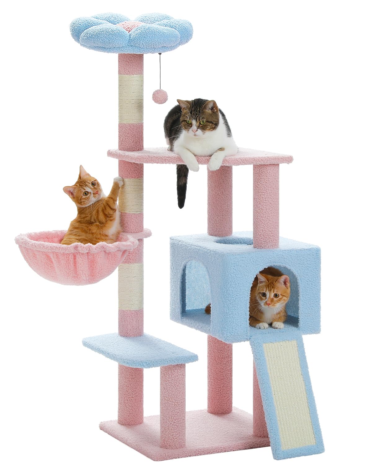 Flower cat tree with large metal frame hammock, 35 inch cute cat tower, with sisal grab post, suitable for small indoor cats