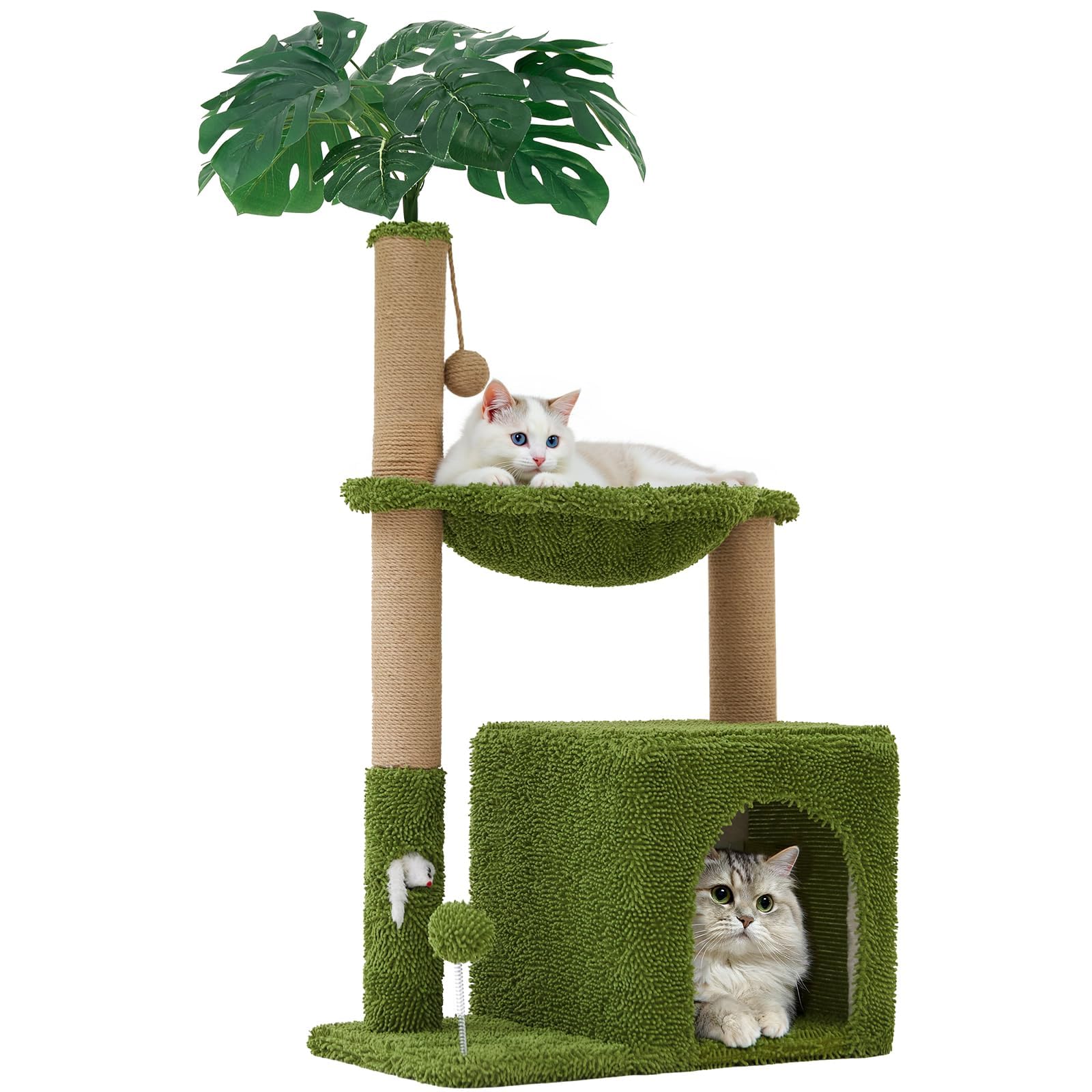 Palm tree, cat tree, 37 inch pole grabbing tower, tropical jungle amusement park, and comfortable plush hammock with natural jute and sisal rope