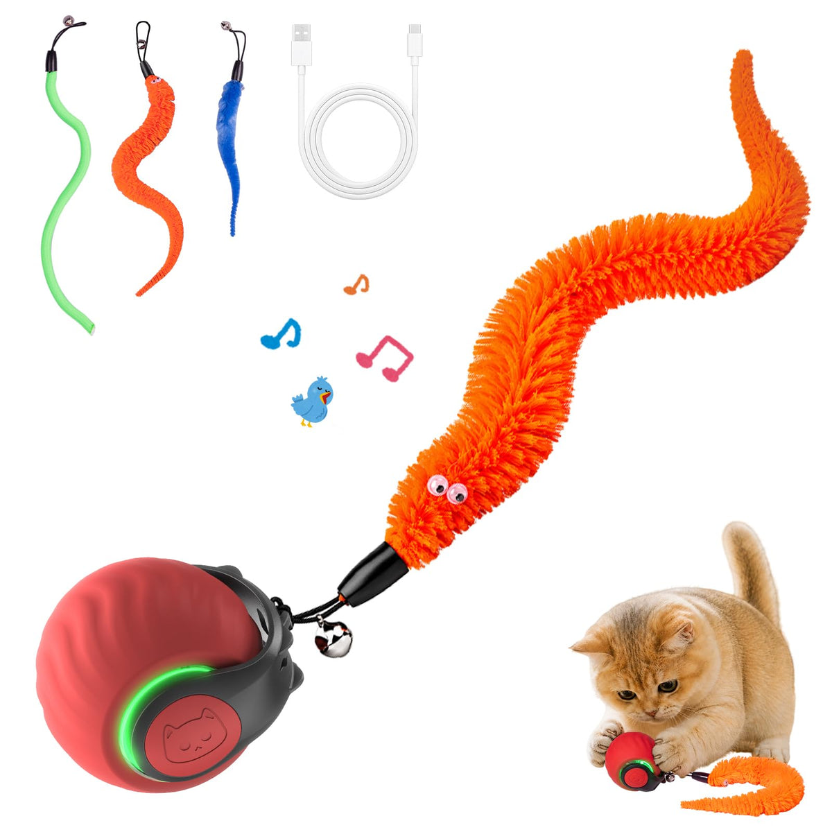 Geamen Interactive Cat Toys with Bird Sounds & 3 Speed Modes, Rechargeable Automatic Moving Cat Toy with 3 Tails, Fast Charging Smart Rolling Ball for Indoor Cats to Chase Play on Hard Floor Carpet