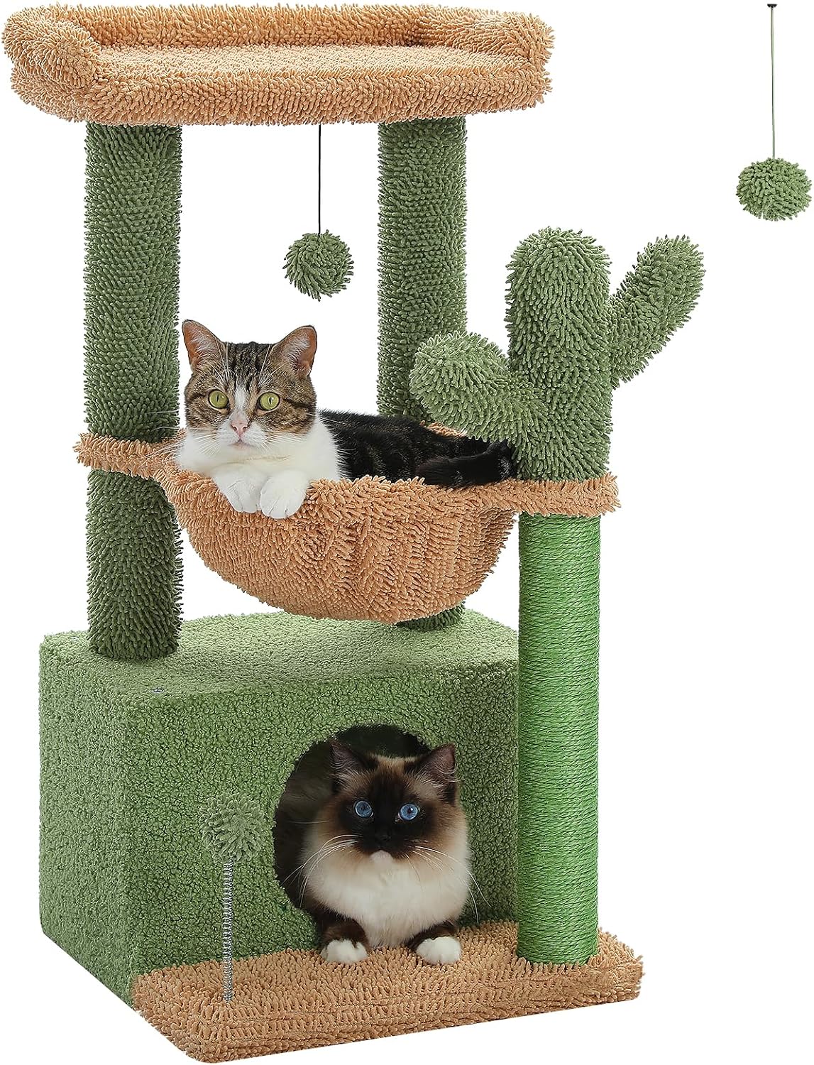 Four in one cactus cat tree, 33 inch indoor cat tower, with large apartment, cat scratching post