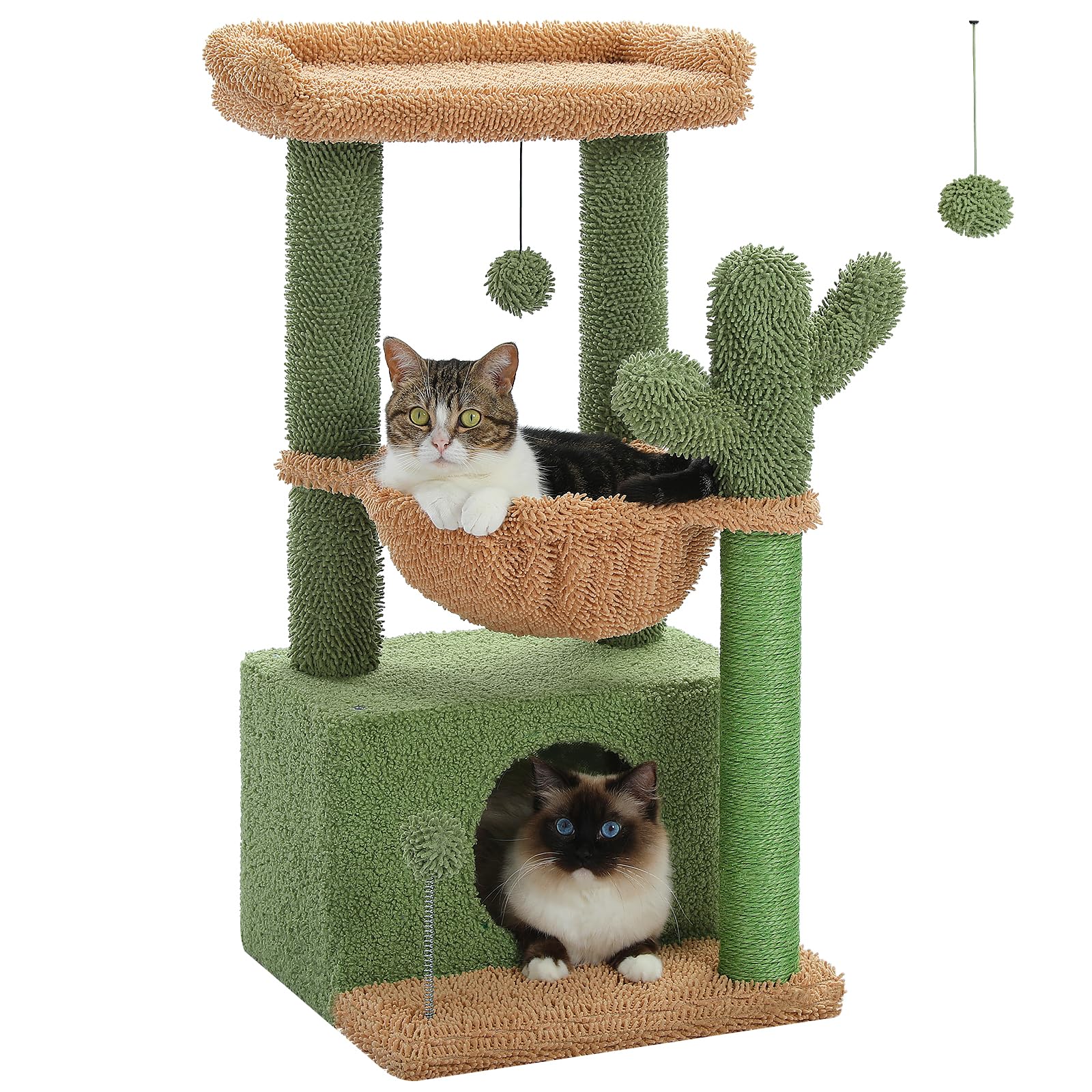 Four in one cactus cat tree, 33 inch indoor cat tower, with large apartment, cat scratching post