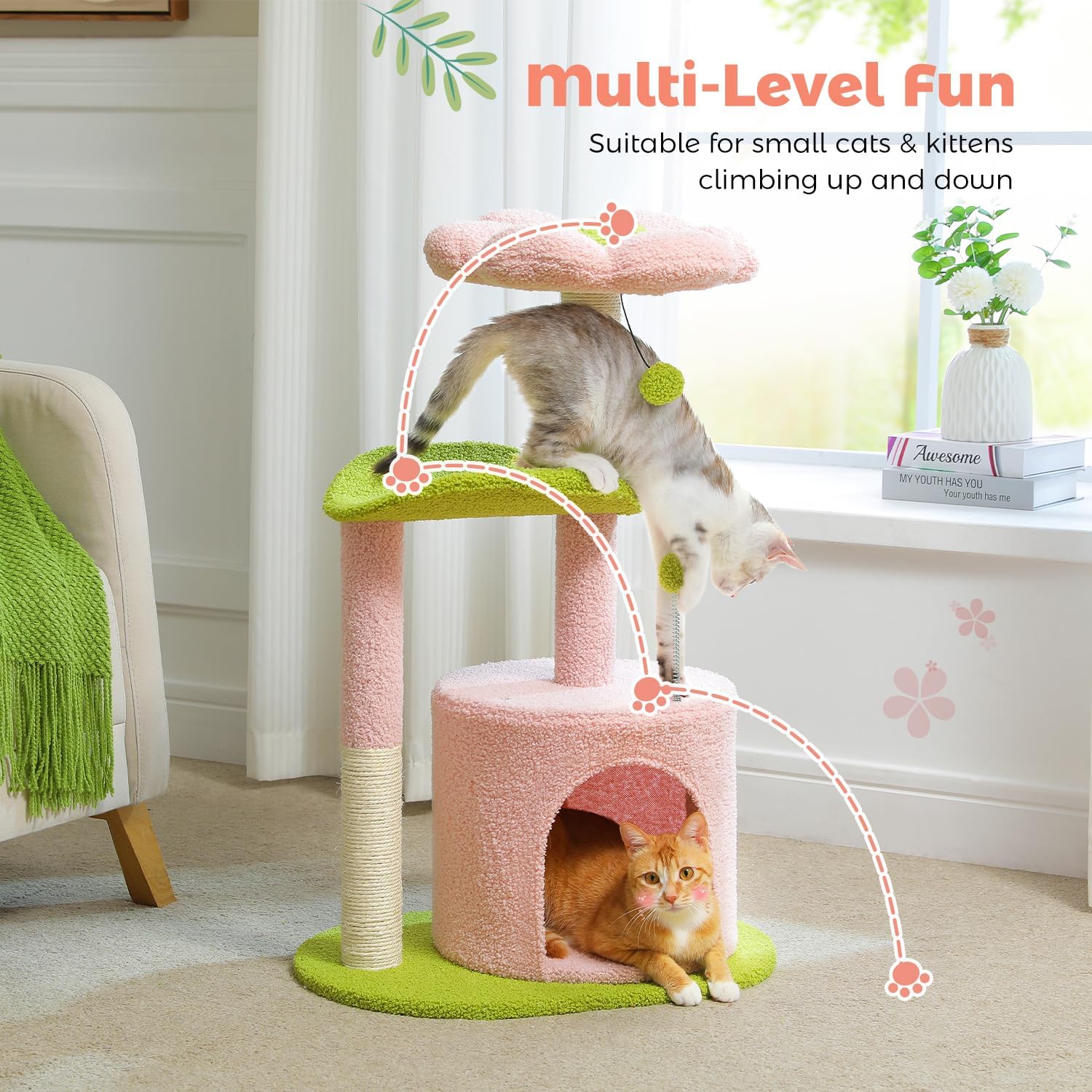 Roadflower Cat Tree Pink 32 inch Kitten Tower Cat Grab Post with Bent Bass, Comfortable Cat Apartment Detachable Flower Bed