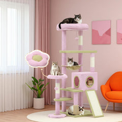 Large feline flower cat tree | 61 inch cat tower with self-healing brush, cat apartment