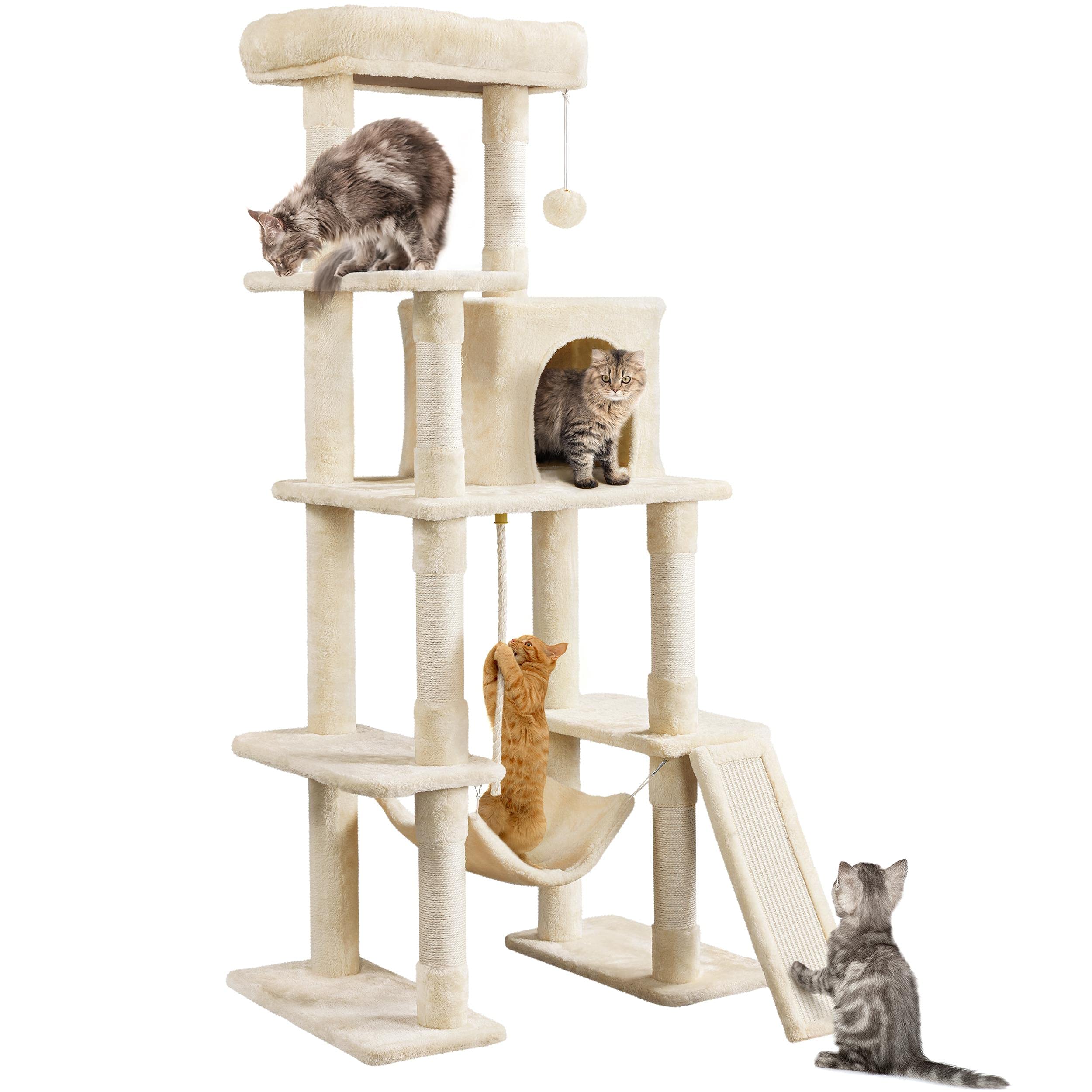 63 inch sturdy large cat tree, suitable for indoor heavy-duty cats, tall towers | plush apartments, hammocks