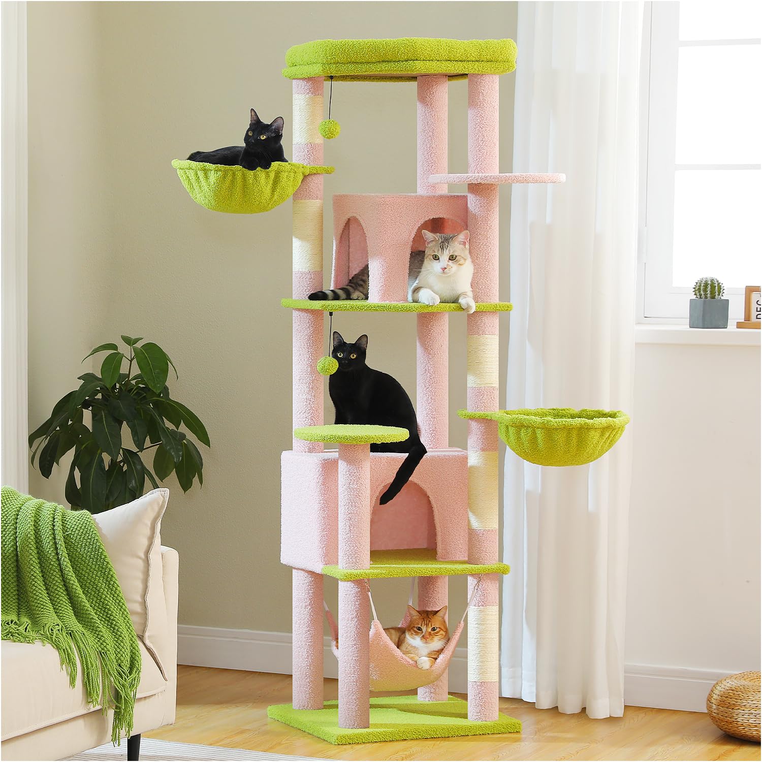 Roadflower Cat Tree Pink 32 inch Kitten Tower Cat Grab Post with Bent Bass, Comfortable Cat Apartment Detachable Flower Bed