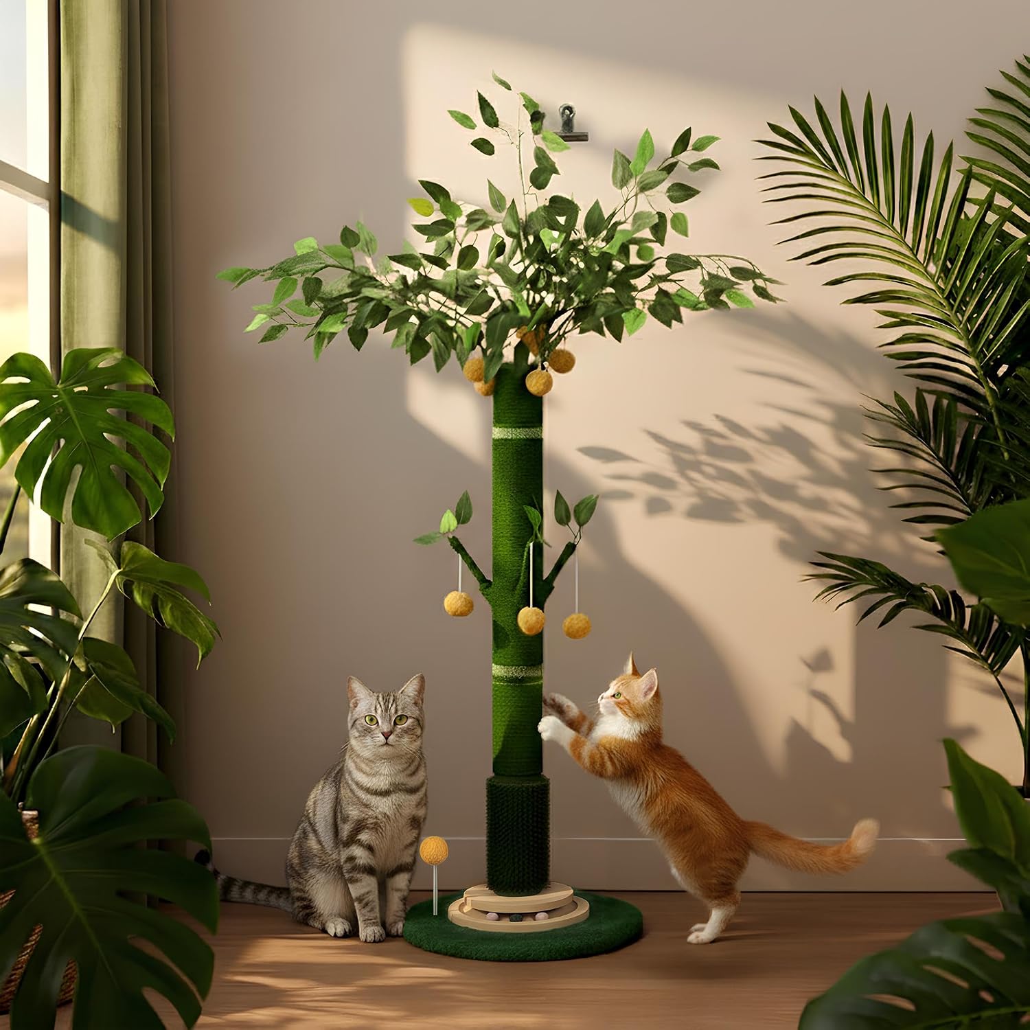 A 46 inch ultra-high cat pole designed specifically for large felines, equipped with a heavy-duty vertical cat catcher with natural sisal rope