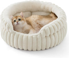 Cat bed, washable round cute pet bed, suitable for indoor cats, 20 inches x 20 inches x 8 inches, cream color