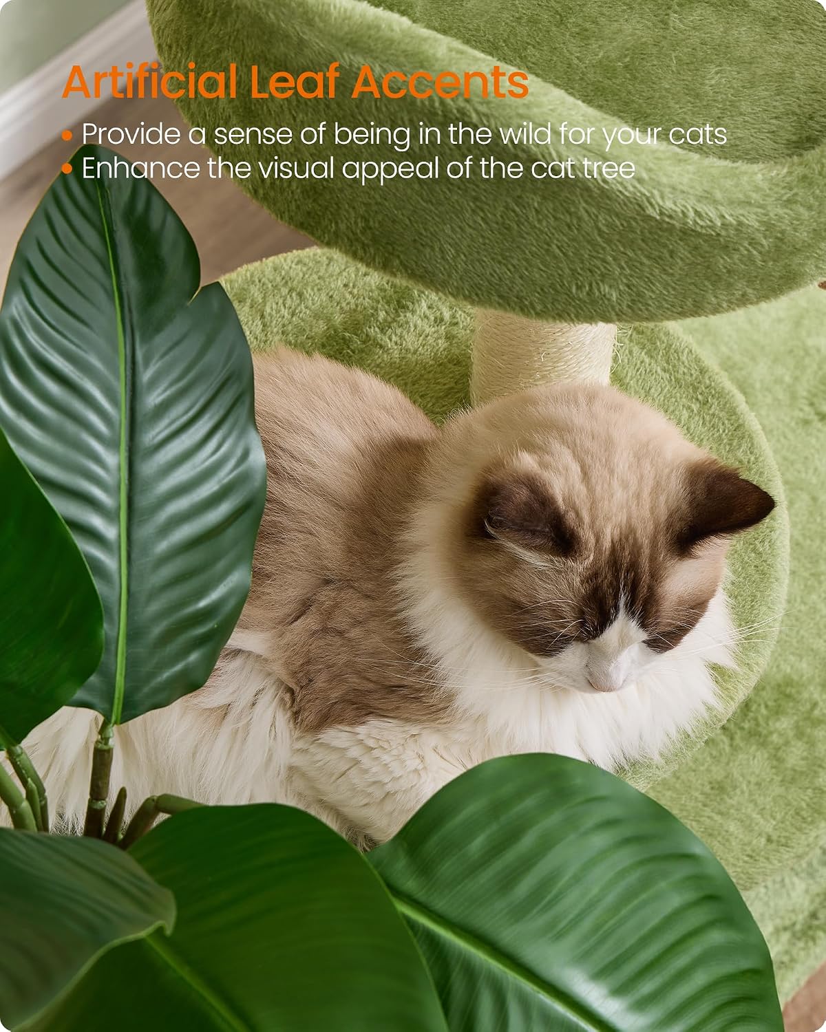 Cat tree, 68.1-inch tall cat tower, multi-layered plush apartment with artificial leaves, 3 grab poles, 2 awnings with bells