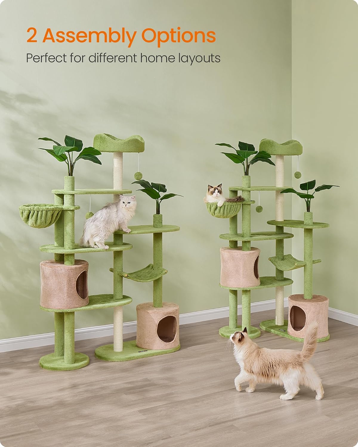 Cat tree, 68.1-inch tall cat tower, multi-layered plush apartment with artificial leaves, 3 grab poles, 2 awnings with bells