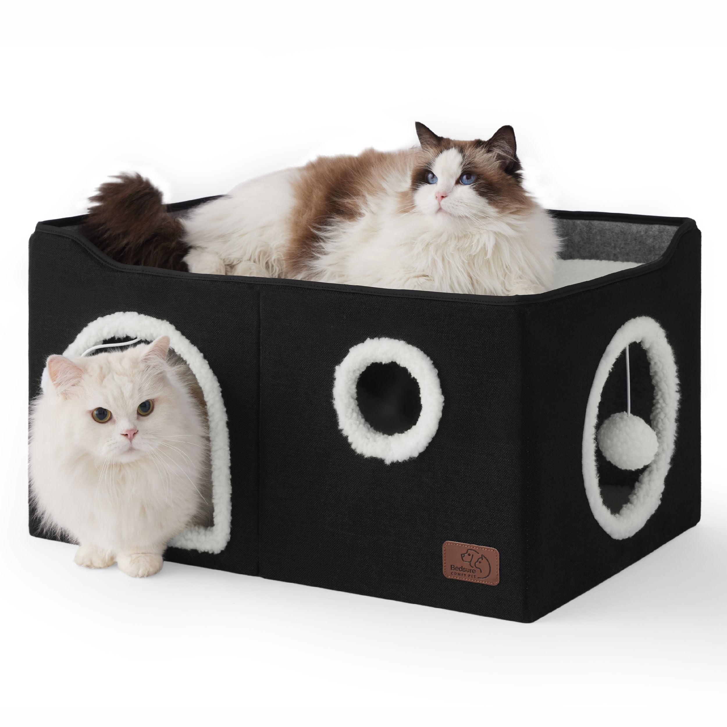 Cat house bed, suitable for indoor cats, equipped with fluffy balls and scratch pads, gray | 16.5x16.5x13 inches, foldable cat hiding place cube