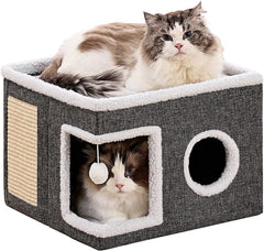 Equipped with fluffy balls and floor mats | Foldable cat bed hole, suitable for multiple pets, 16x16x13 inches, gray