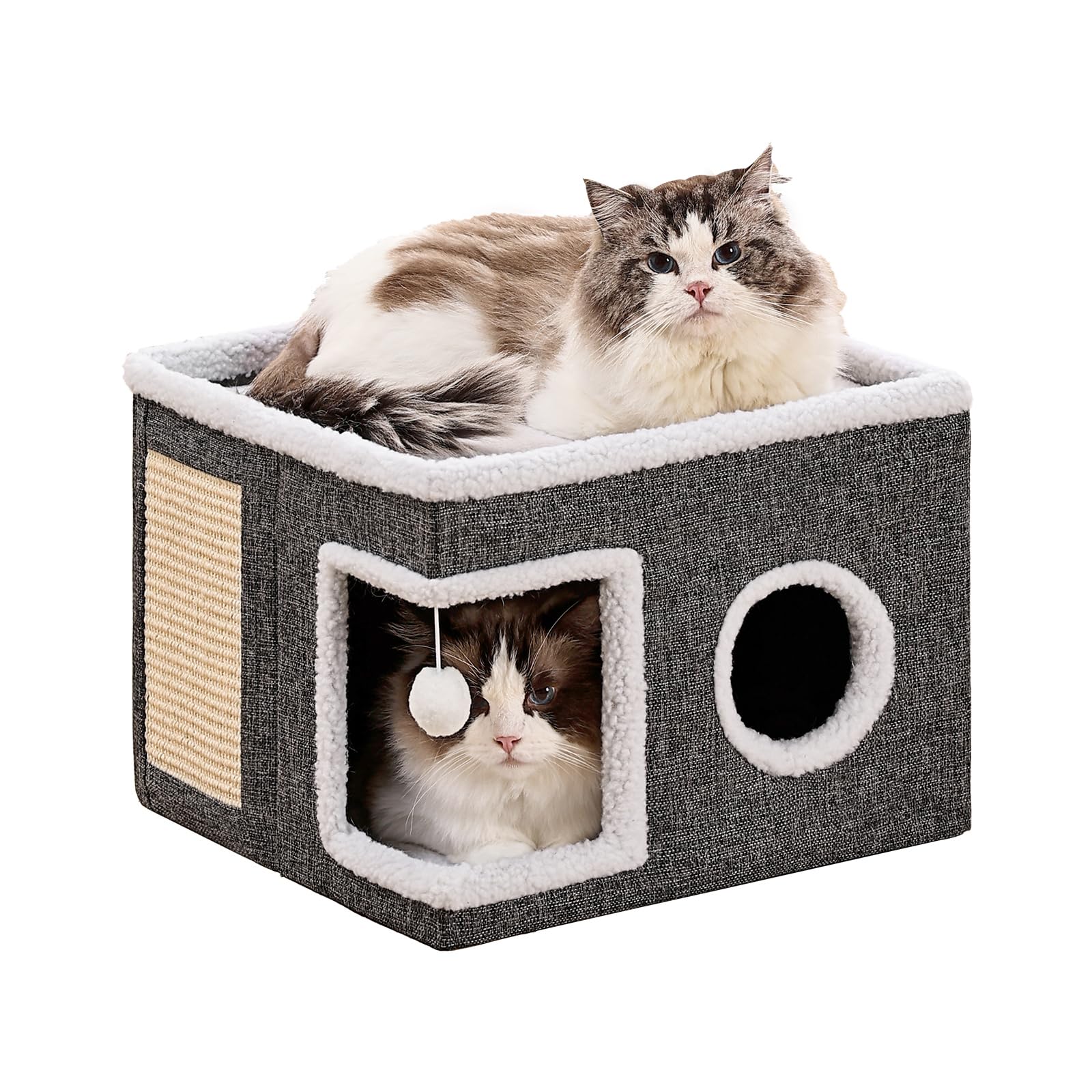 Equipped with fluffy balls and floor mats | Foldable cat bed hole, suitable for multiple pets, 16x16x13 inches, gray
