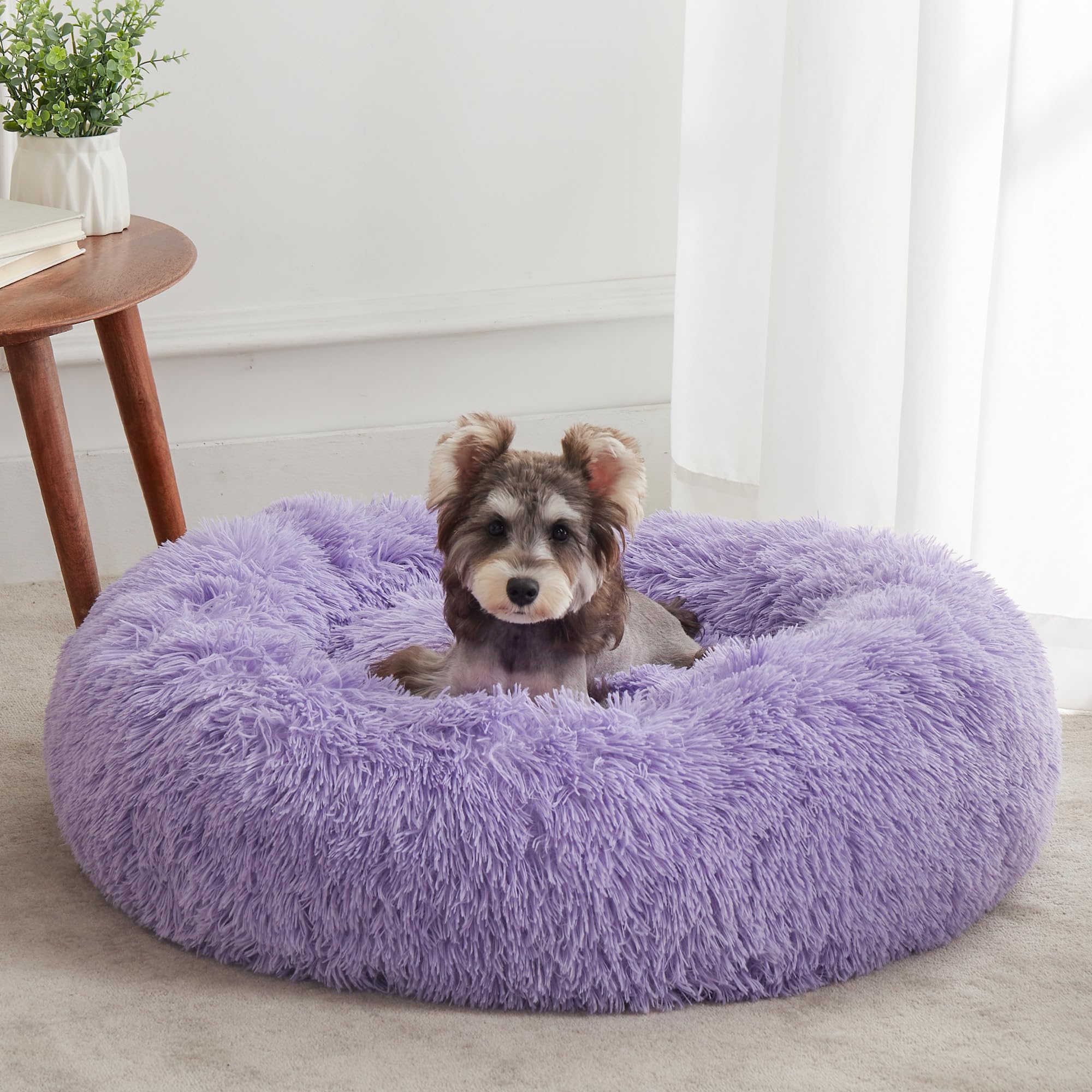 Soothing and soft round dog and cat bed, with donuts for warmth and comfort, fluffy artificial fur plush mattress (20 inches/24 inches/27 inches/30 inches), light gray
