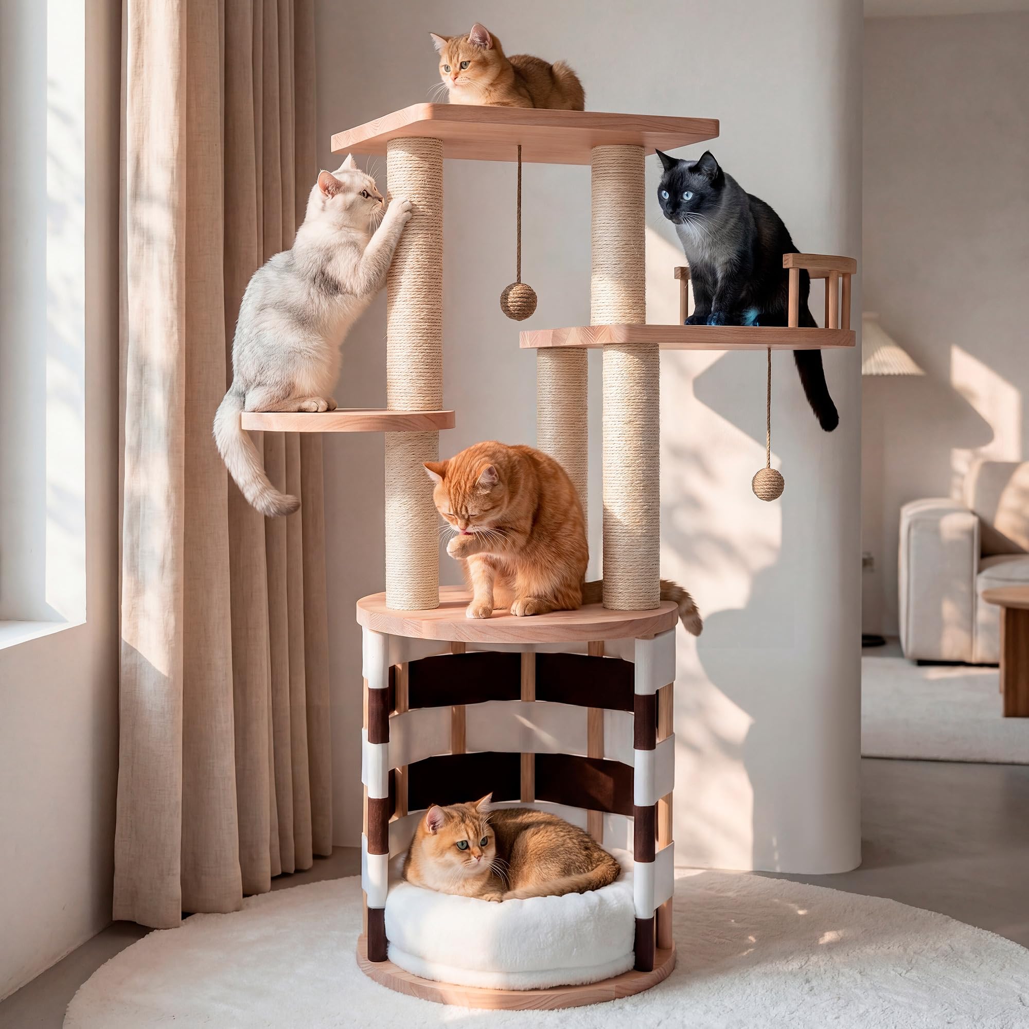 Large feline flower cat tree | 61 inch cat tower with self-healing brush, cat apartment