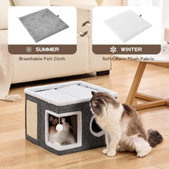 Equipped with fluffy balls and floor mats | Foldable cat bed hole, suitable for multiple pets, 16x16x13 inches, gray