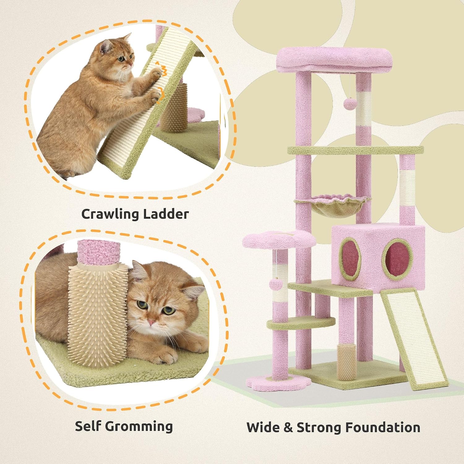 Large feline flower cat tree | 61 inch cat tower with self-healing brush, cat apartment