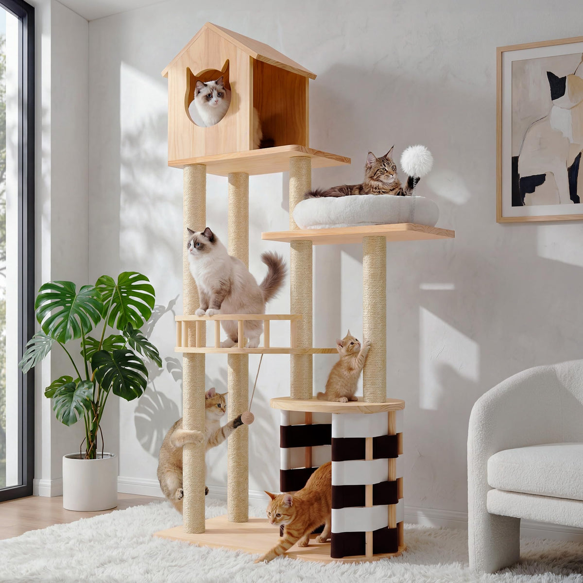 Large feline flower cat tree | 61 inch cat tower with self-healing brush, cat apartment