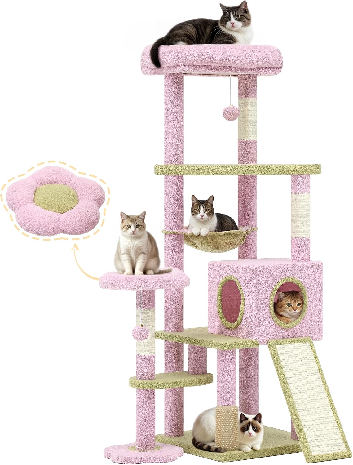 Large feline flower cat tree | 61 inch cat tower with self-healing brush, cat apartment