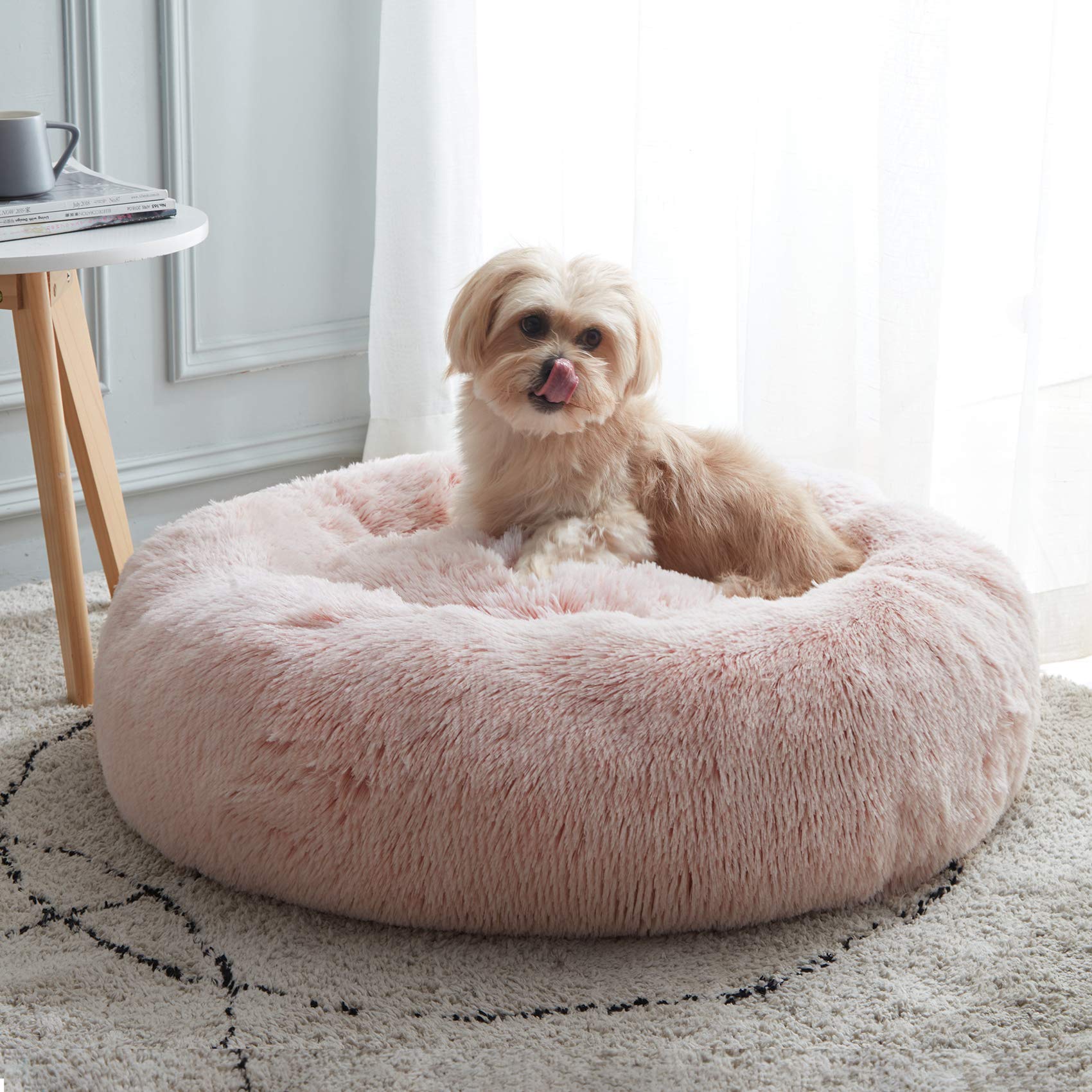 Soothing and soft round dog and cat bed, with donuts for warmth and comfort, fluffy artificial fur plush mattress (20 inches/24 inches/27 inches/30 inches), light gray