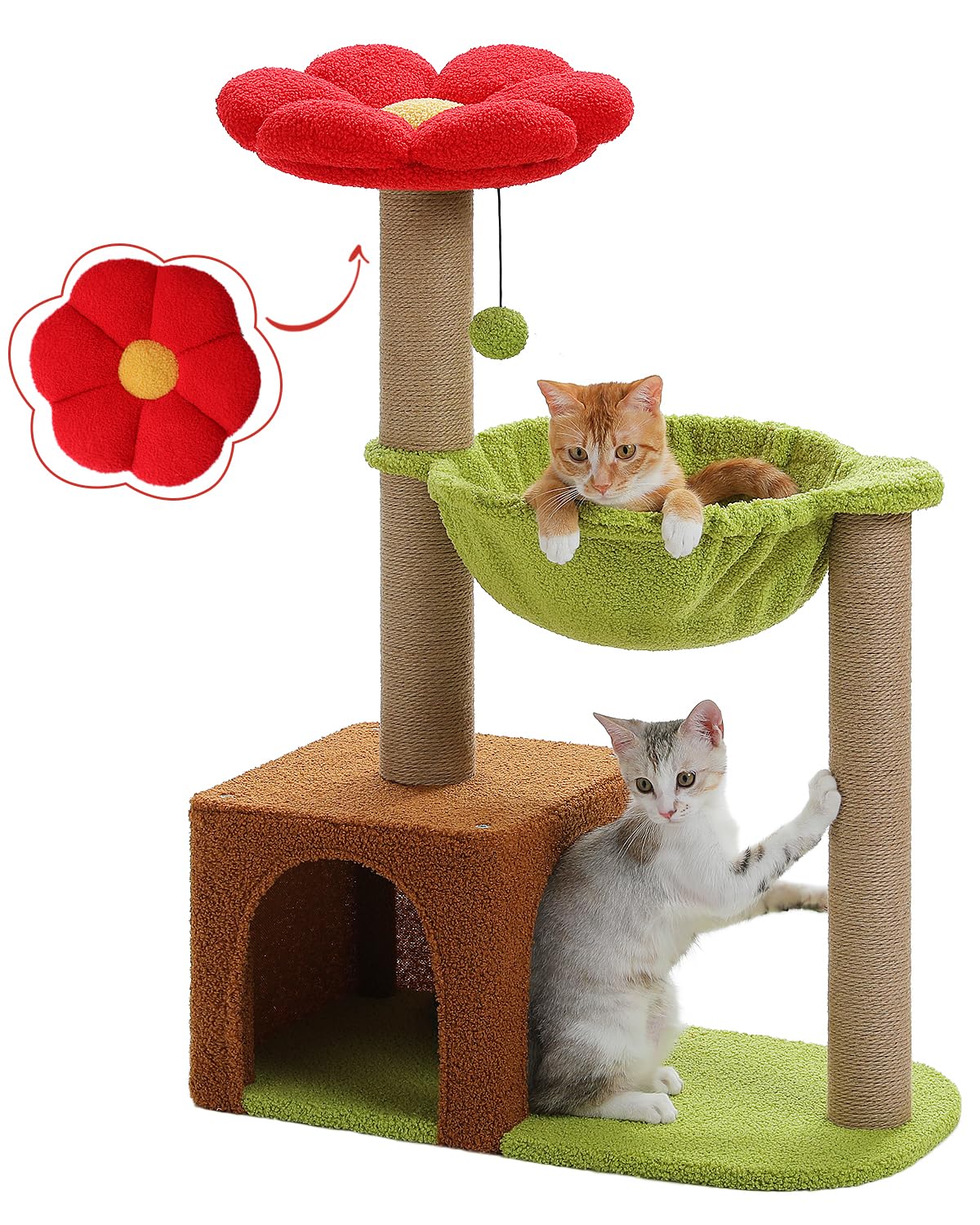 Flower cat tree with large metal frame hammock, 35 inch cute cat tower, with sisal grab post, suitable for small indoor cats