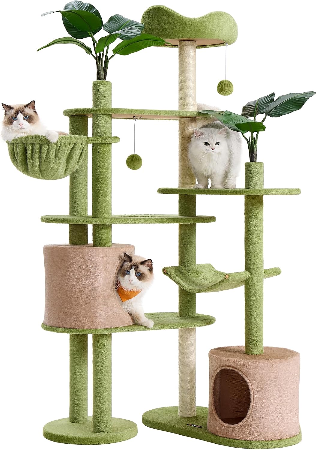 Cat tree, 68.1-inch tall cat tower, multi-layered plush apartment with artificial leaves, 3 grab poles, 2 awnings with bells