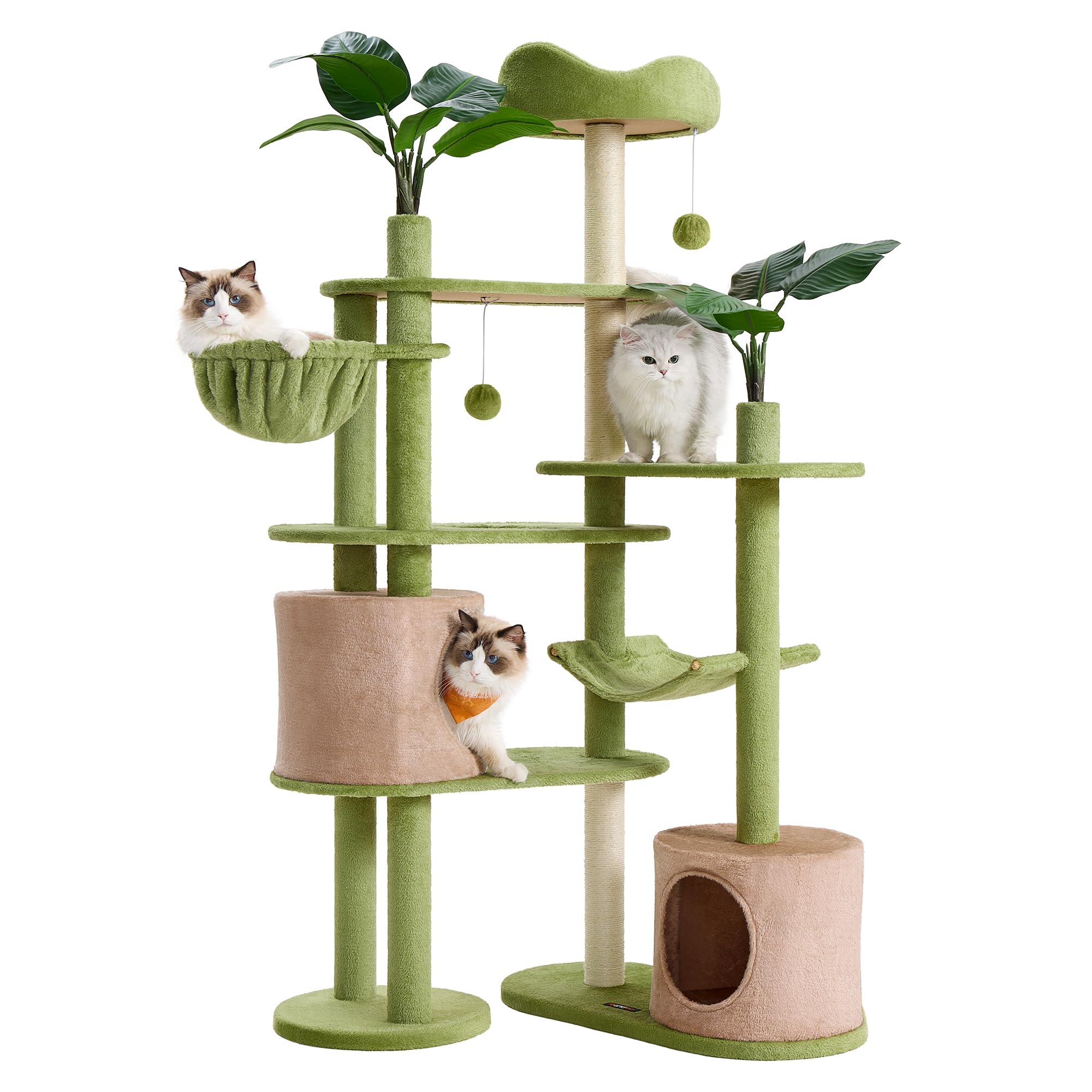Cat tree, 68.1-inch tall cat tower, multi-layered plush apartment with artificial leaves, 3 grab poles, 2 awnings with bells