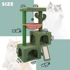 37.4 "Cactus Cat Tree Tower, equipped with indoor twin cat apartments, integrated sea bass hammocks, and toy balls