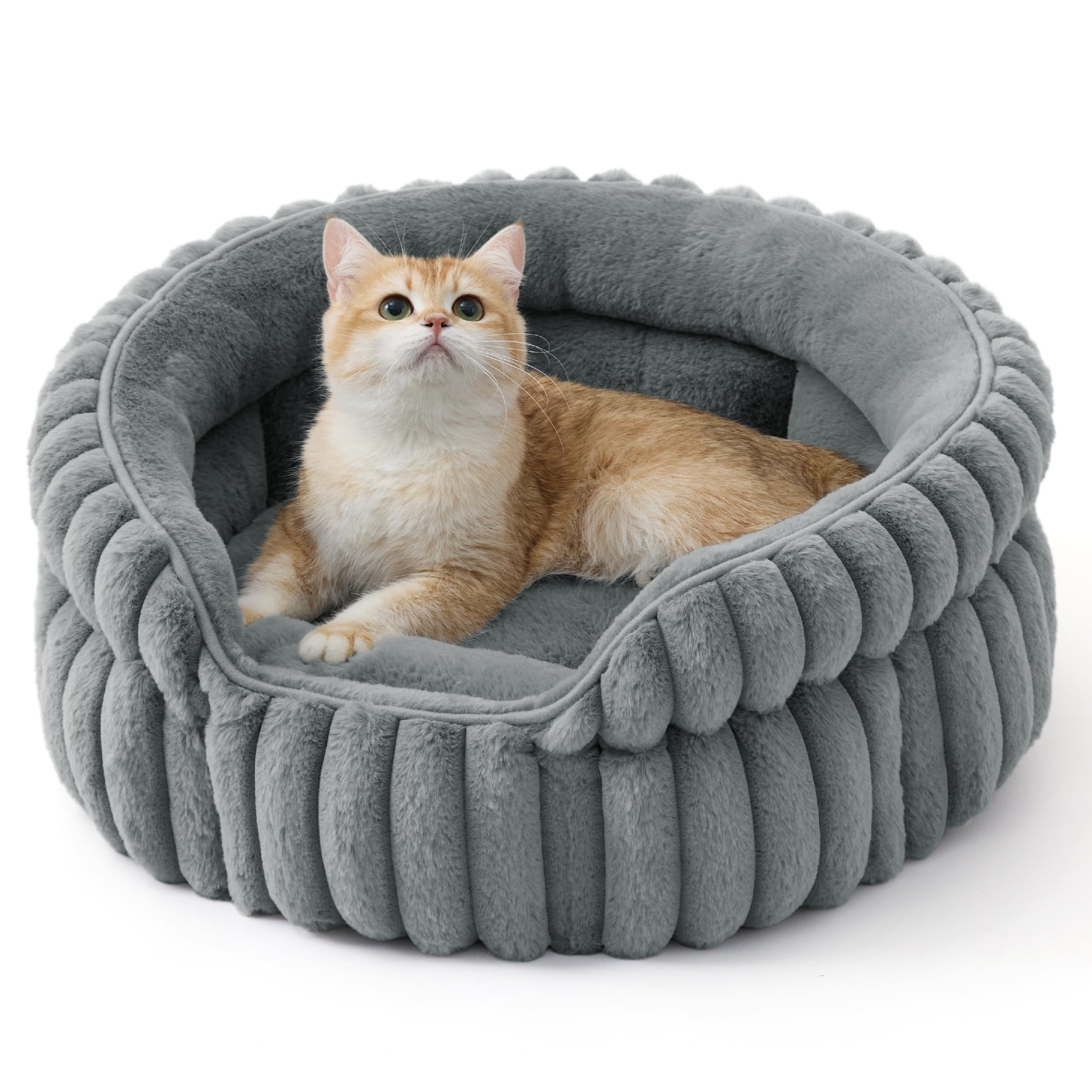 Cat bed, washable round cute pet bed, suitable for indoor cats, 20 inches x 20 inches x 8 inches, cream color