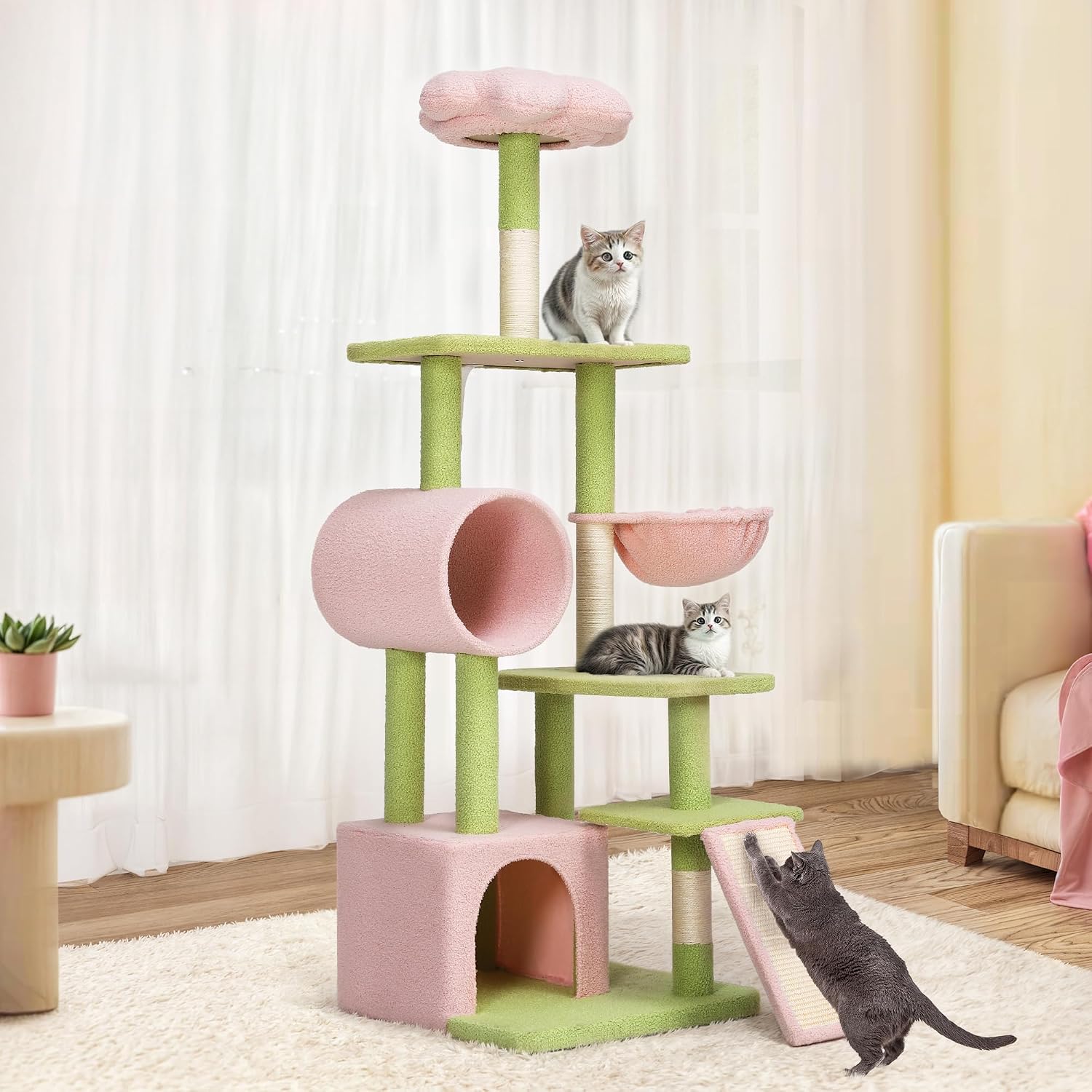 Tall cat tree tower with detachable porch, 65 inch cute indoor cat climbing tower