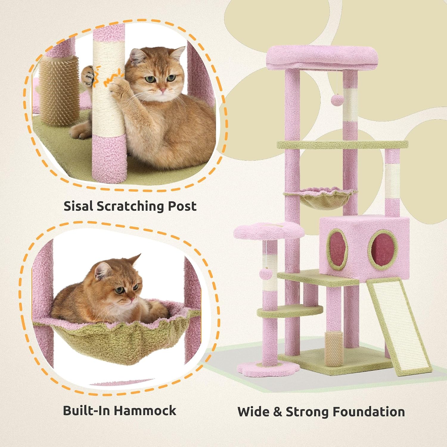 Large feline flower cat tree | 61 inch cat tower with self-healing brush, cat apartment