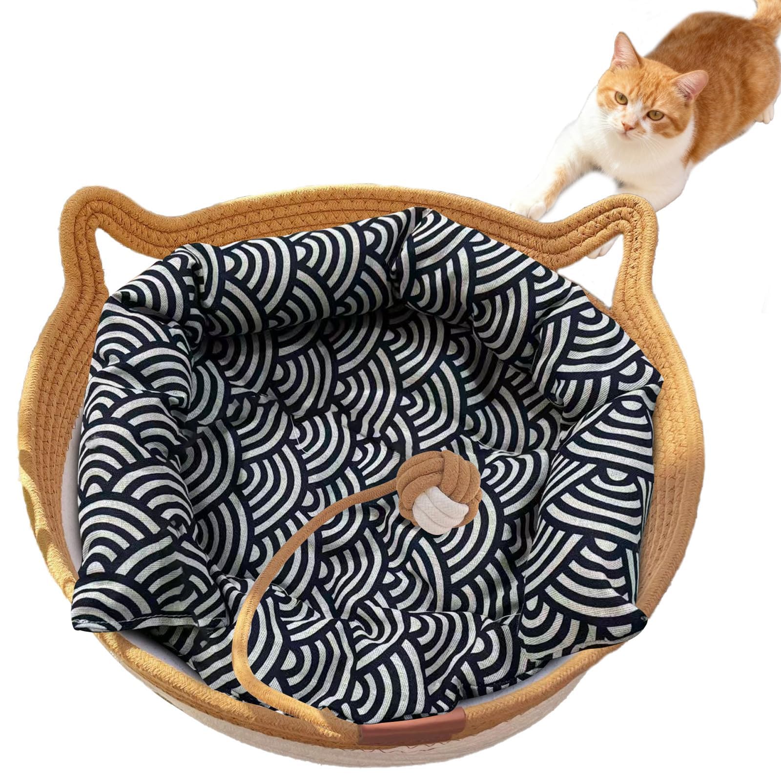Handmade woven cat basket rope cotton eliminates bed repulsion, circular pet basket, Bohemian cat bed hand woven with breathable and scratch resistant weaving (large size)