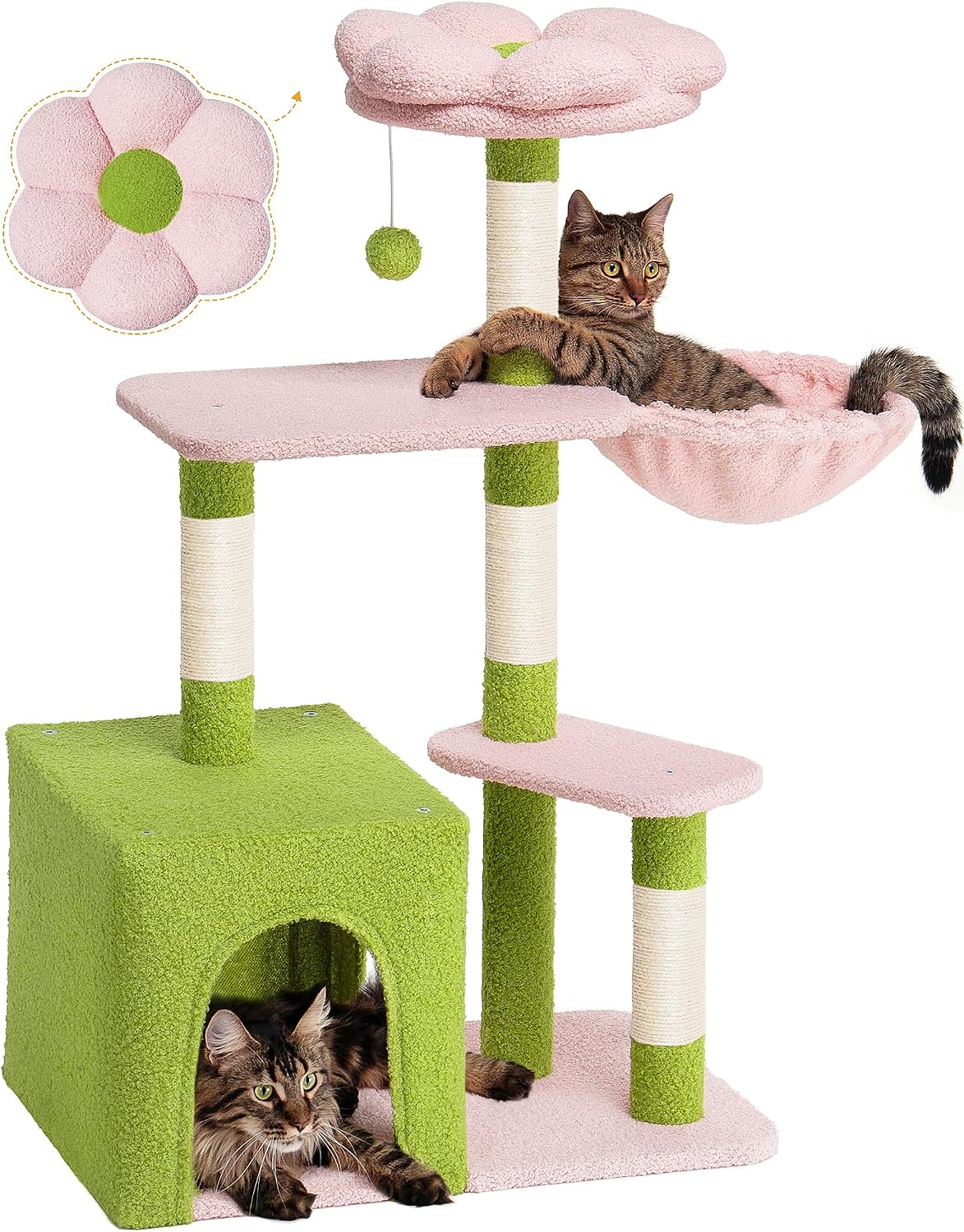 Indoor cat with flower cat tree, 41.2-inch adult cat with cute cat tree | 2-door large cat apartment cave bed, cat tower with scratch post, comfortable flower perch and kitten hammock