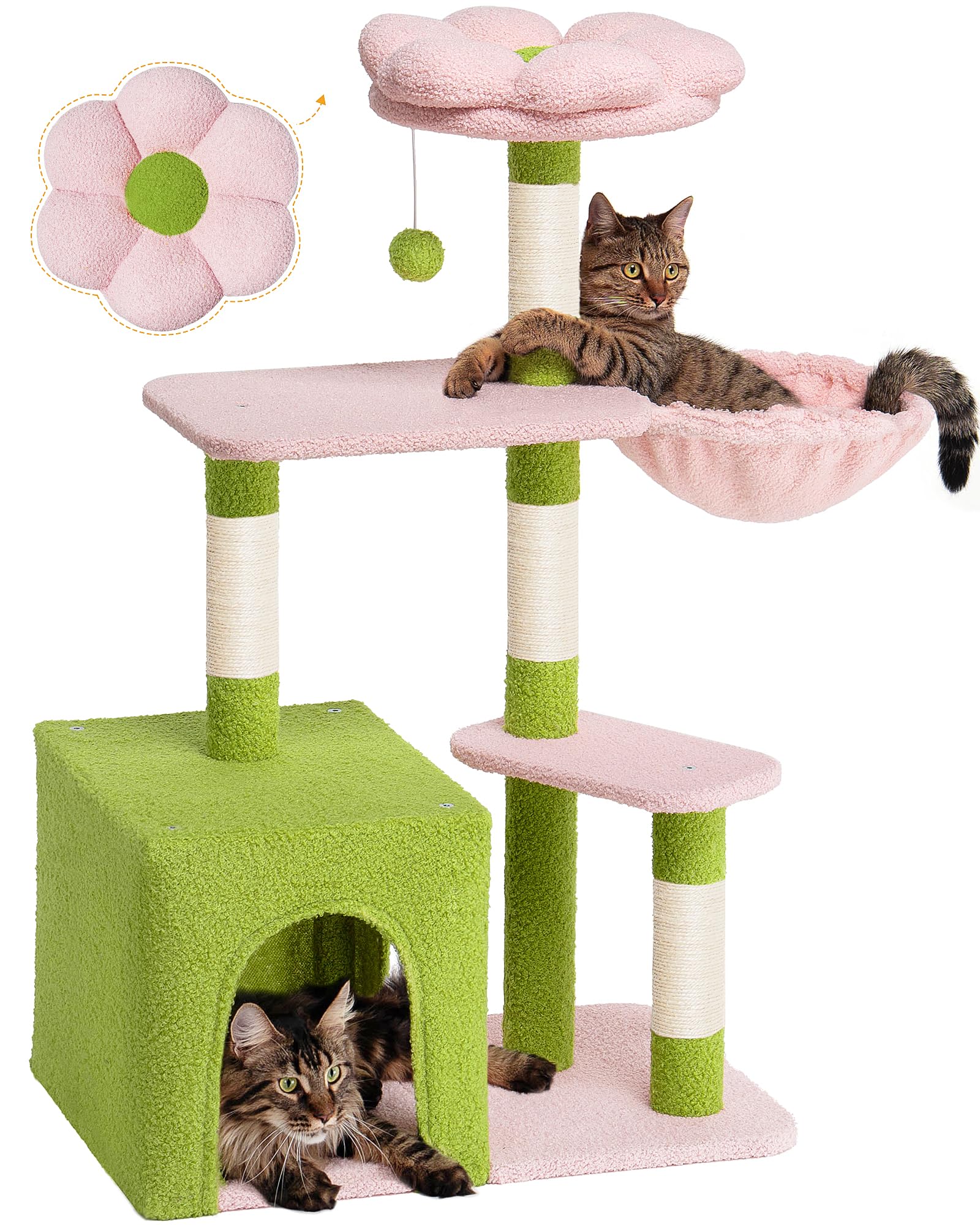 Indoor cat with flower cat tree, 41.2-inch adult cat with cute cat tree | 2-door large cat apartment cave bed, cat tower with scratch post, comfortable flower perch and kitten hammock