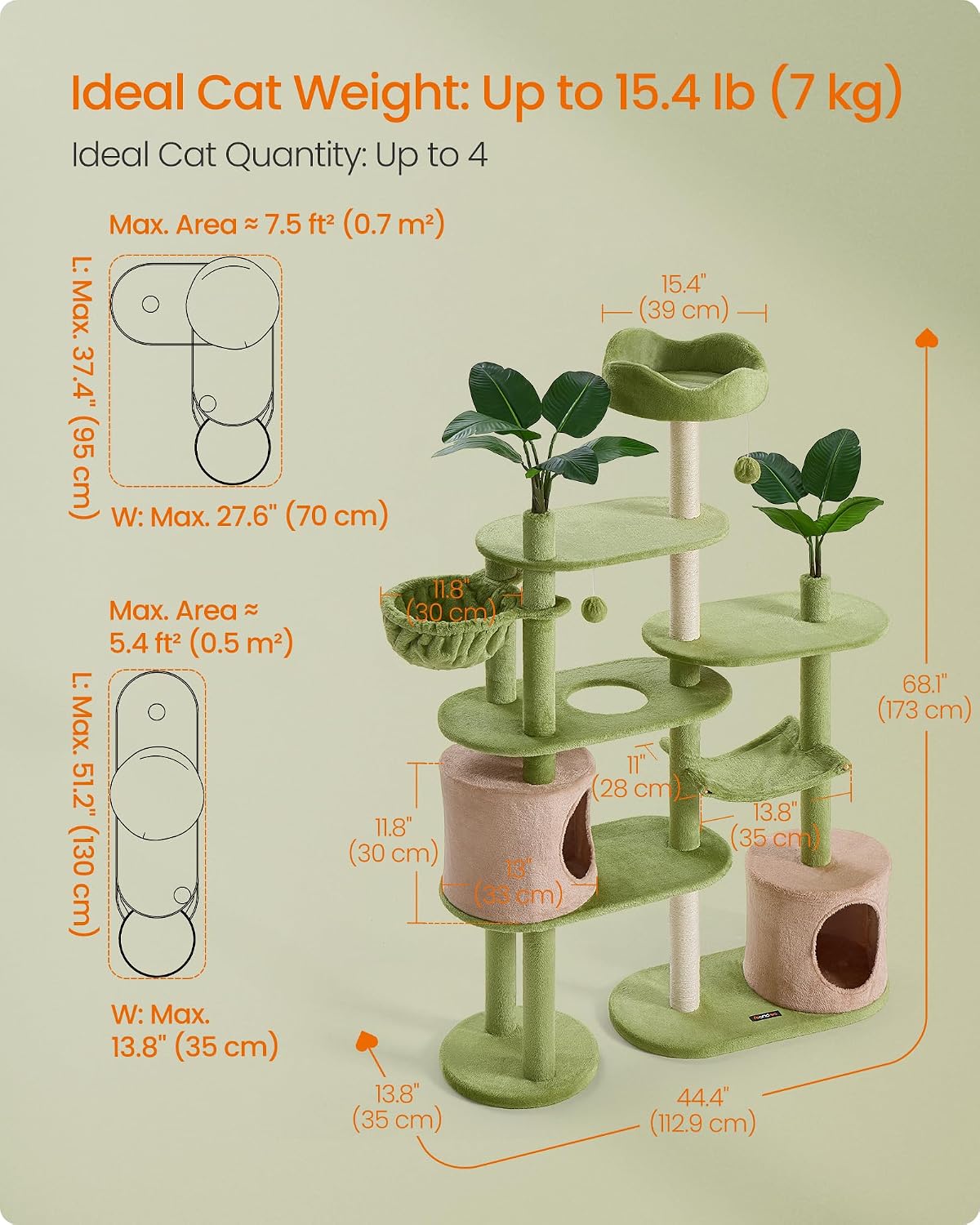 Cat tree, 68.1-inch tall cat tower, multi-layered plush apartment with artificial leaves, 3 grab poles, 2 awnings with bells