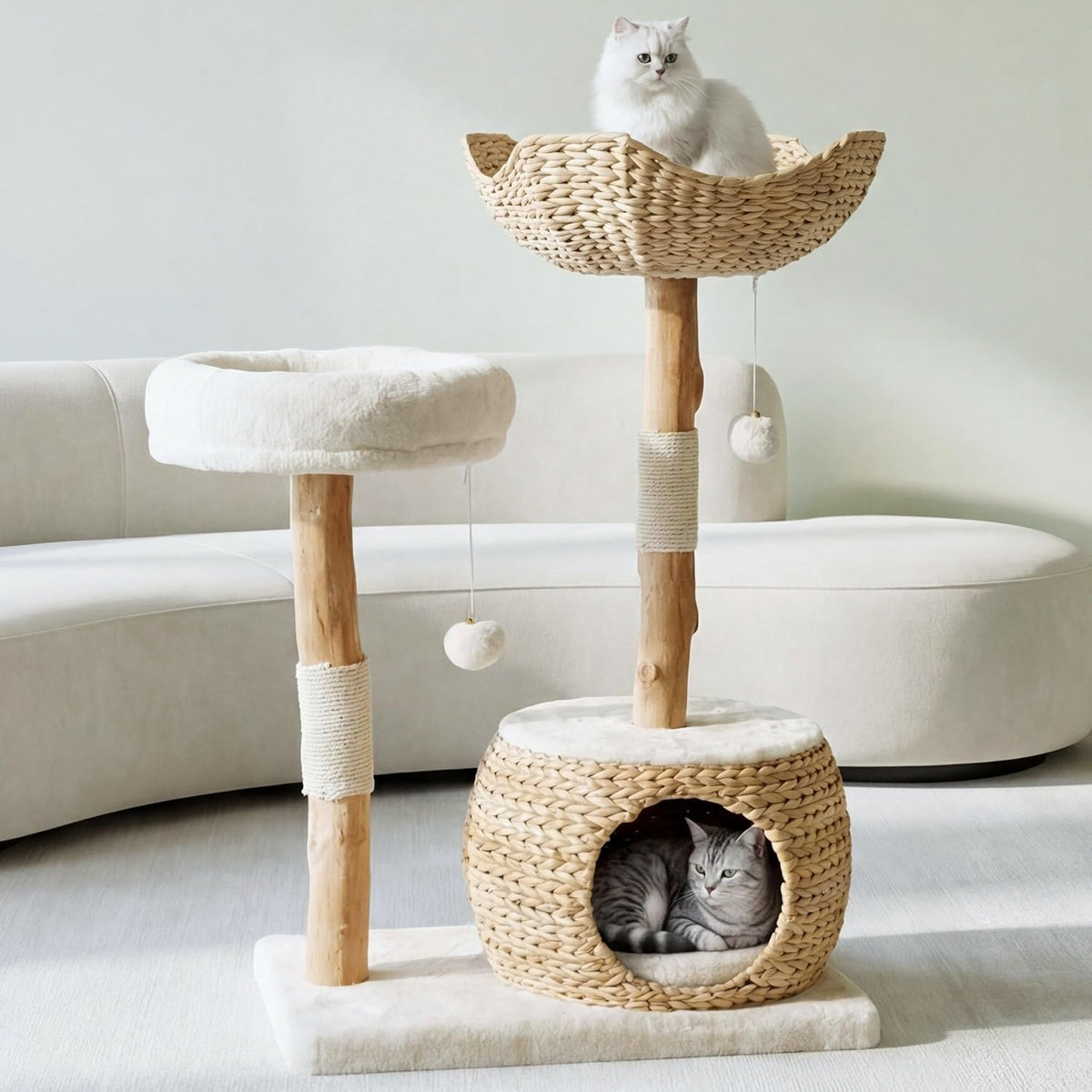 Modern cat tree tower with caves, solid wood cat catching poles for large adult cats indoors, solid wood climbing tower