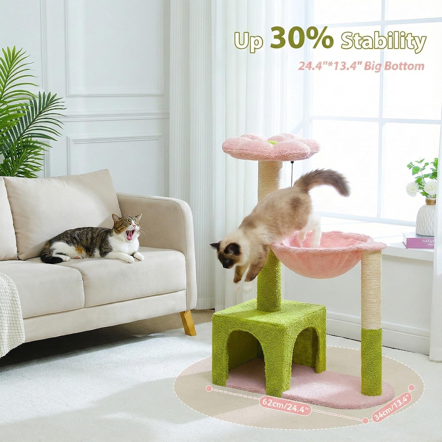 Flower cat tree with large metal frame hammock, 35 inch cute cat tower, with sisal grab post, suitable for small indoor cats