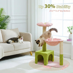 Flower cat tree with large metal frame hammock, 35 inch cute cat tower, with sisal grab post, suitable for small indoor cats