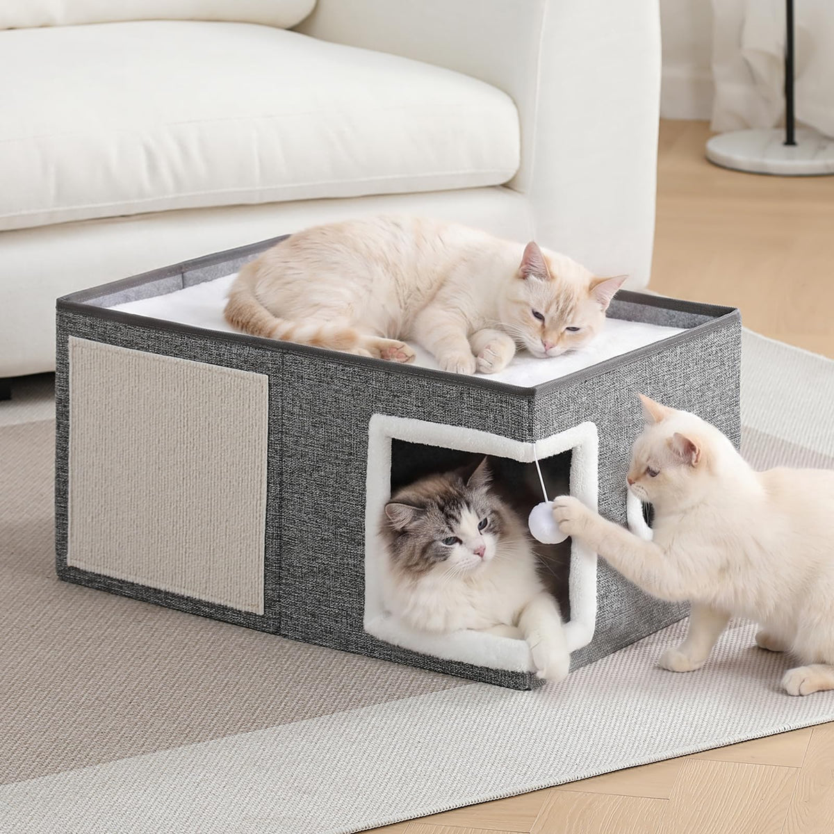 Equipped with fluffy balls and floor mats | Foldable cat bed hole, suitable for multiple pets, 16x16x13 inches, gray