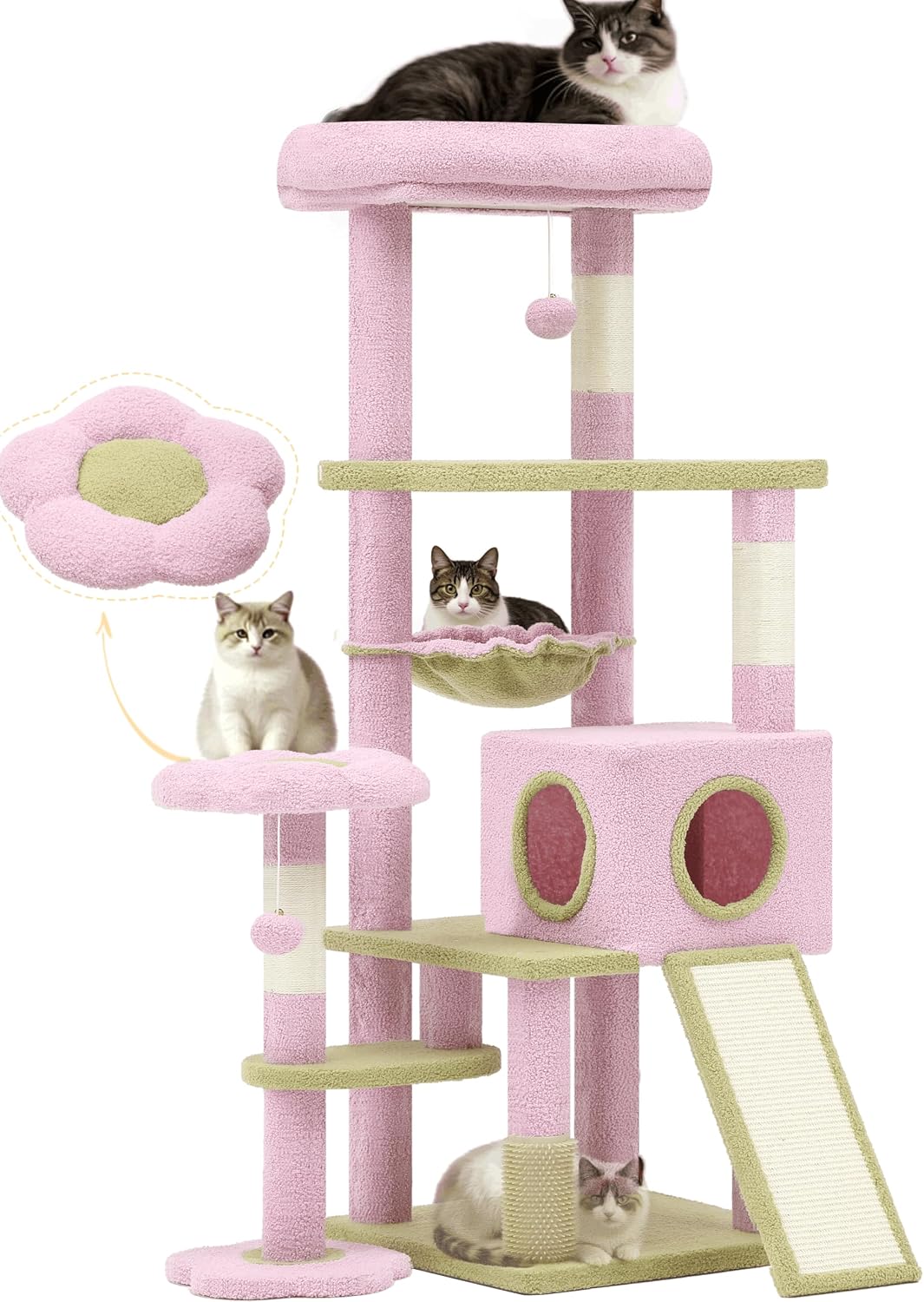 Tall cat tree tower with detachable porch, 65 inch cute indoor cat climbing tower