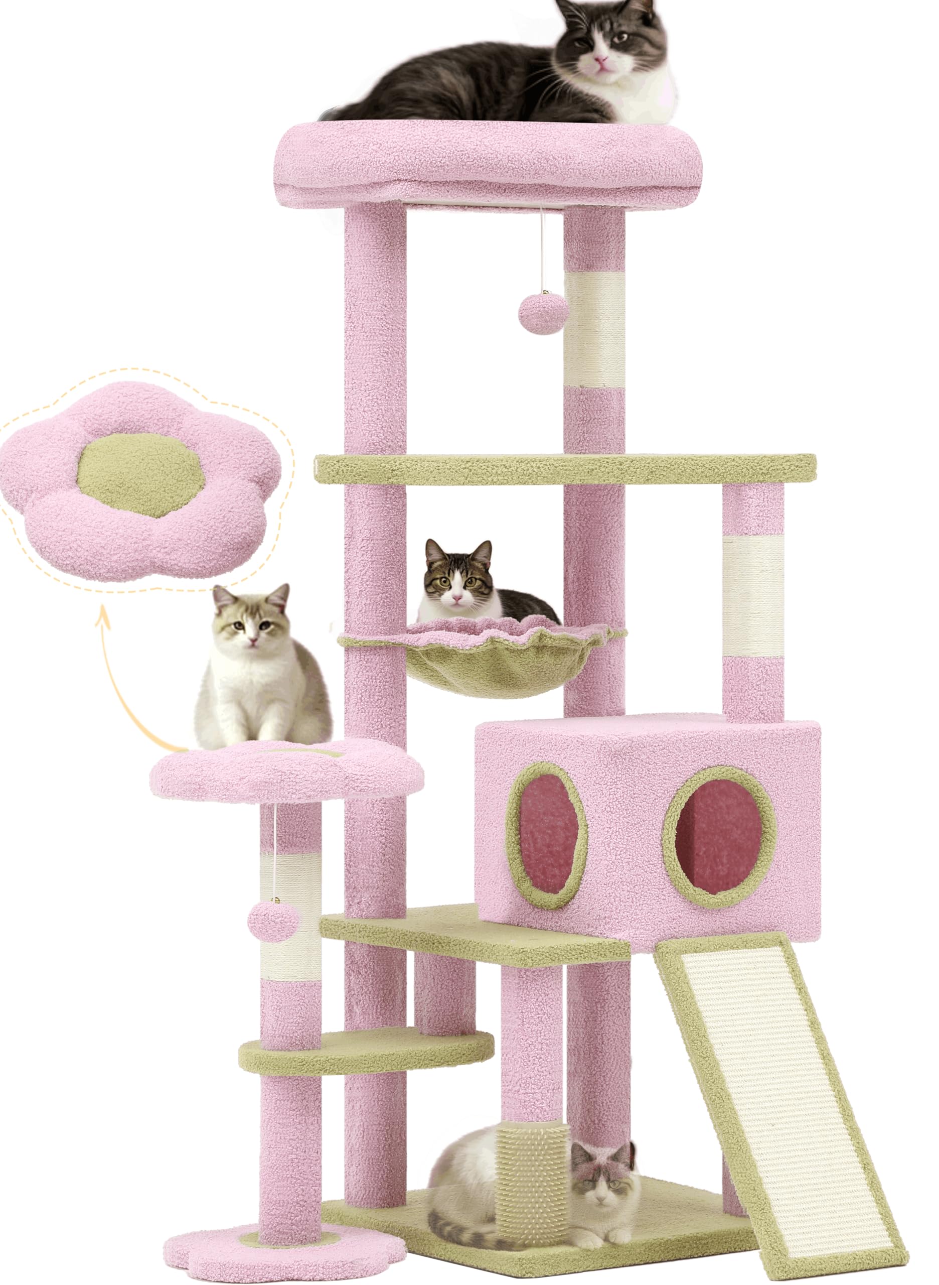 Tall cat tree tower with detachable porch, 65 inch cute indoor cat climbing tower