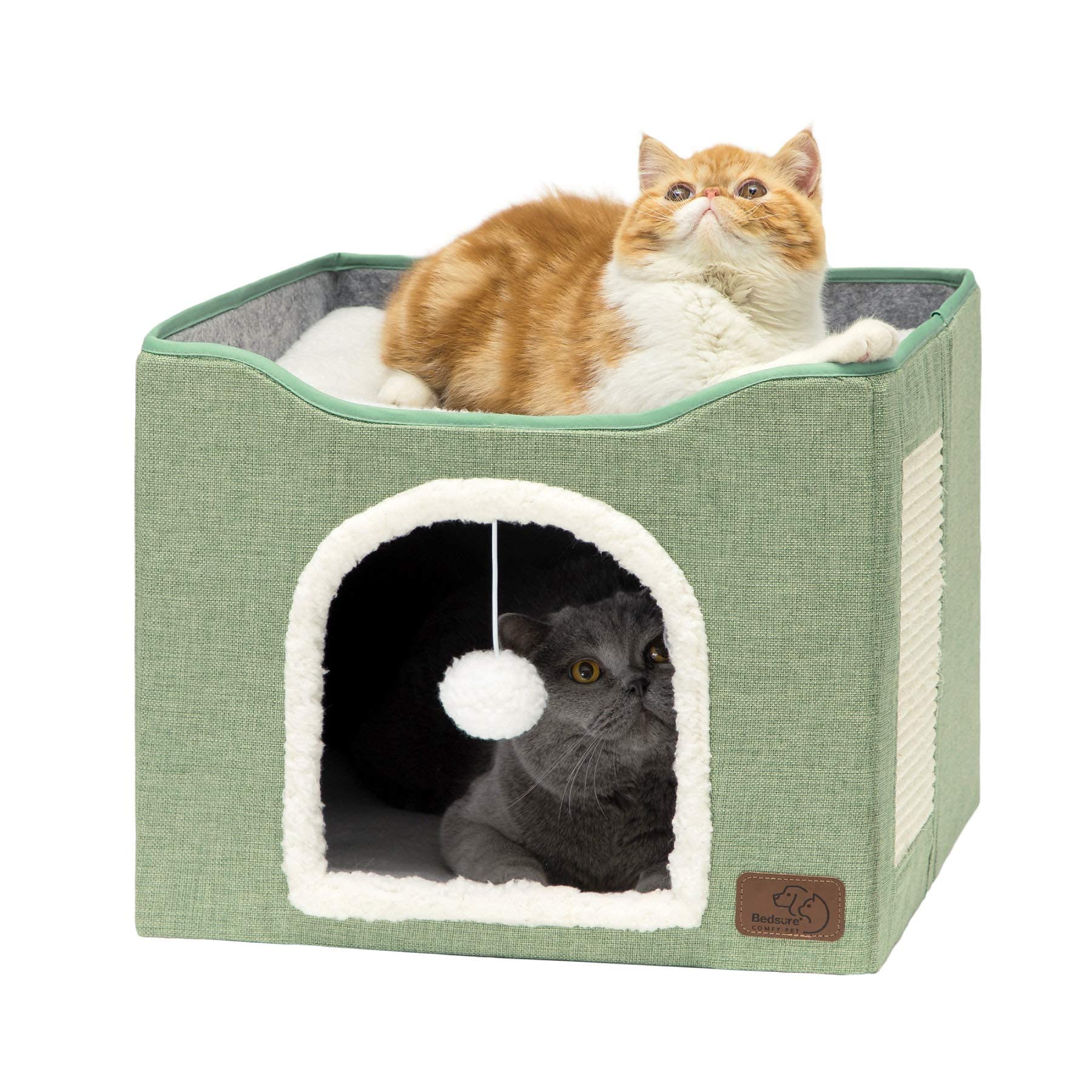 Cat house bed, suitable for indoor cats, equipped with fluffy balls and scratch pads, gray | 16.5x16.5x13 inches, foldable cat hiding place cube
