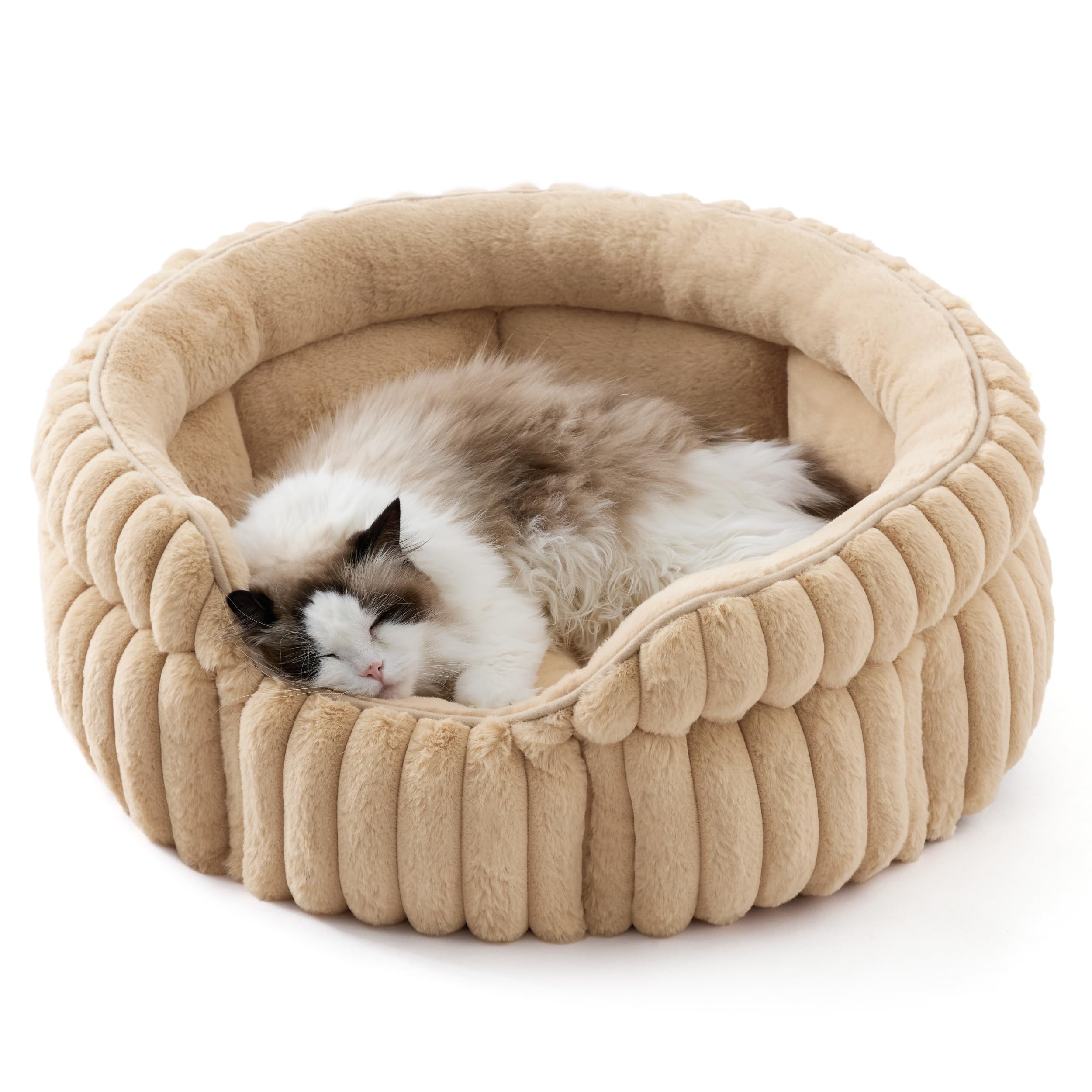 Cat bed, washable round cute pet bed, suitable for indoor cats, 20 inches x 20 inches x 8 inches, cream color