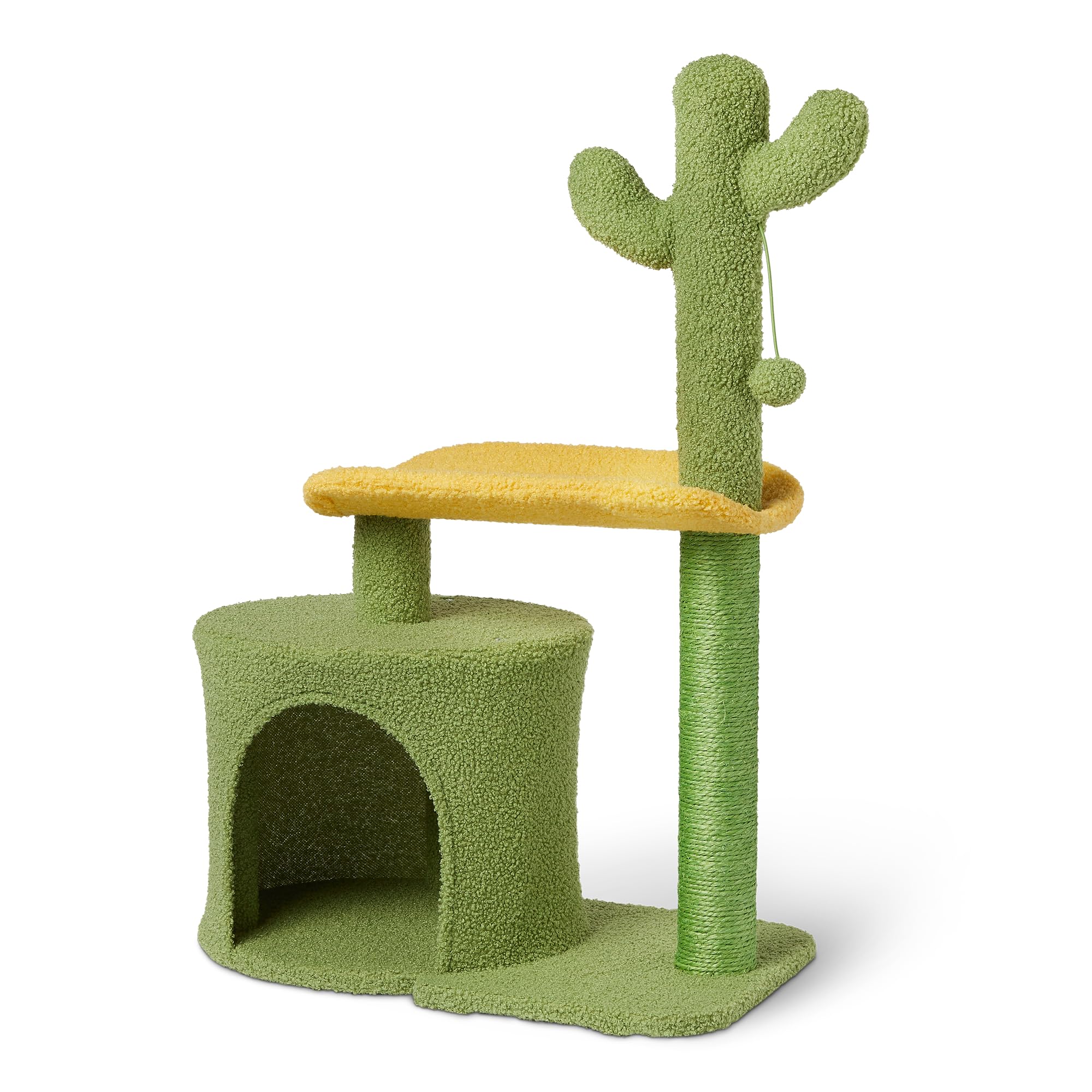 Indoor cat and kitten cactus cat tree, with curved bass grab bar, interactive swing ball, 30.7 inches (77.9 cm)