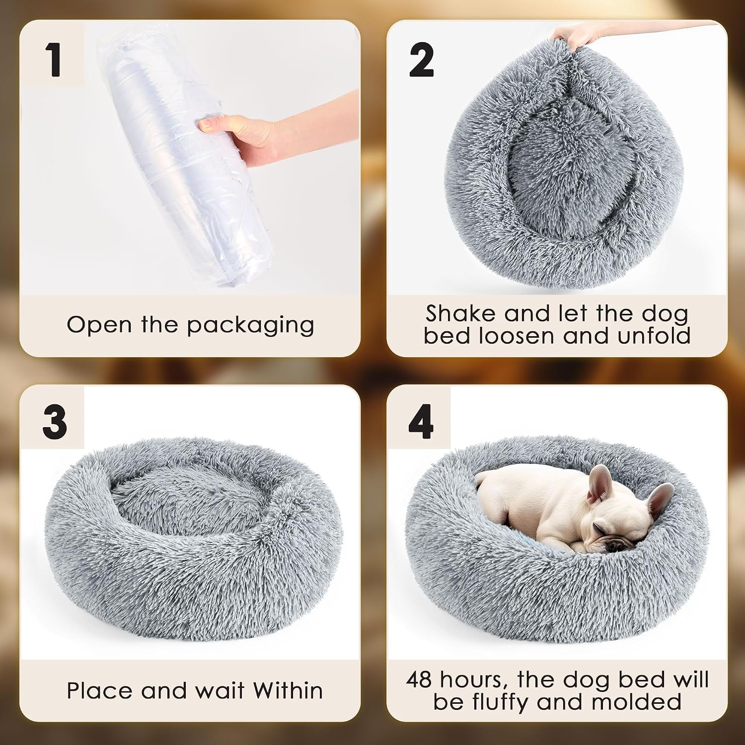 Cat bed, 20 inch soothing donut bed for puppies and kittens, washable round fluffy pet bed for small and medium-sized dogs and cats (light gray)