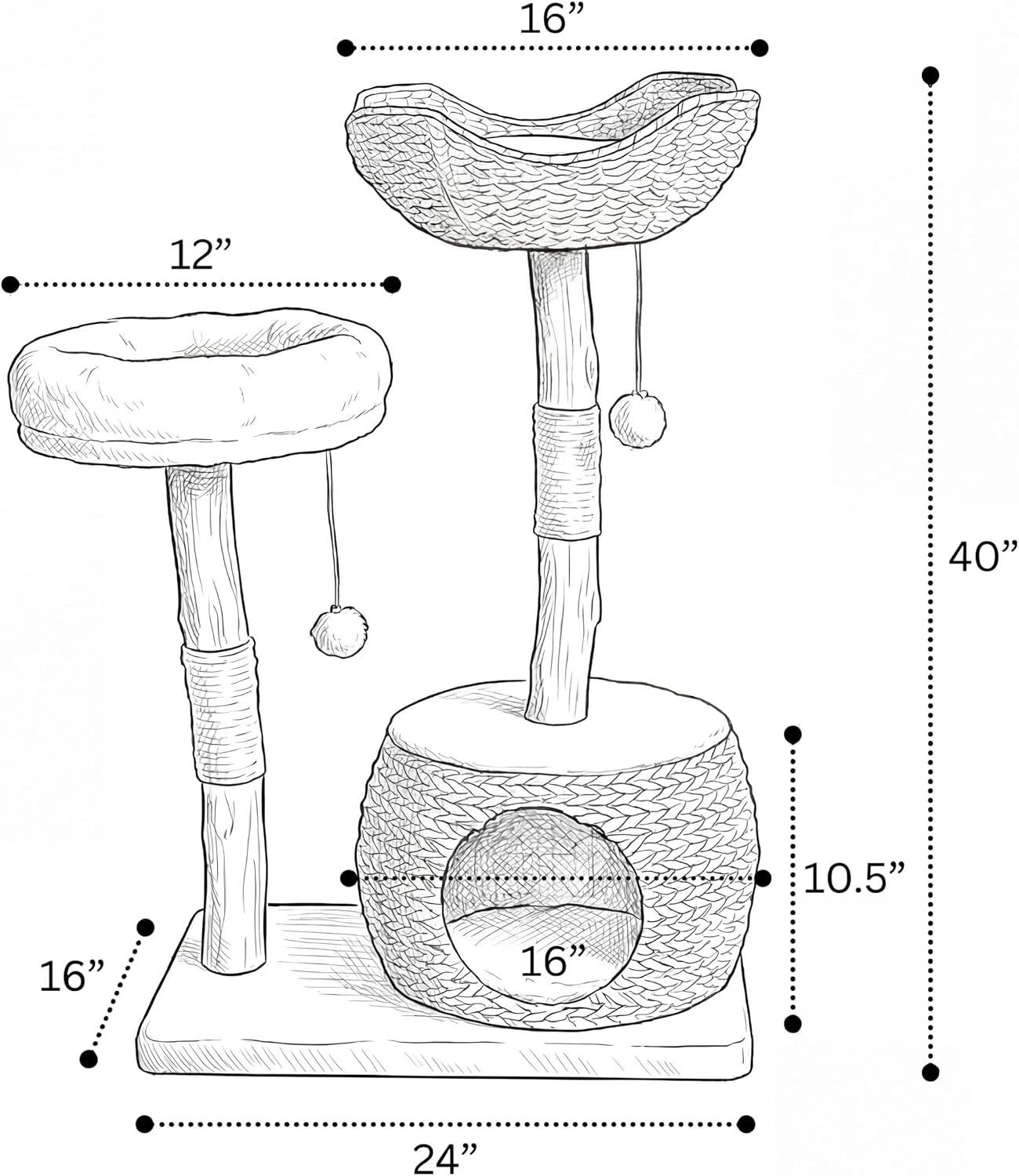 Modern cat tree tower with caves, solid wood cat catching poles for large adult cats indoors, solid wood climbing tower